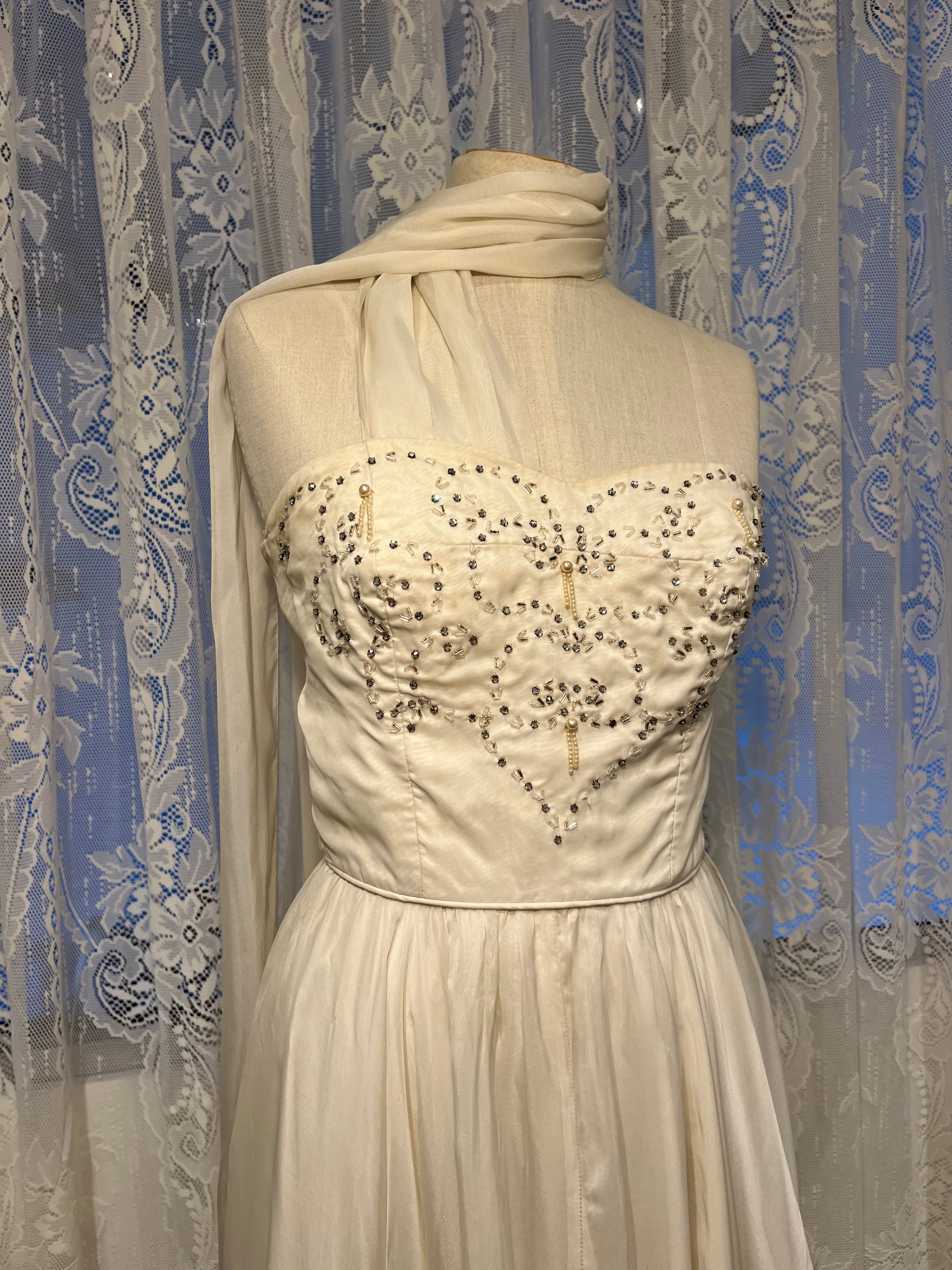 50s Beaded Silk Chiffon Strapless Dress with Neck Scarf