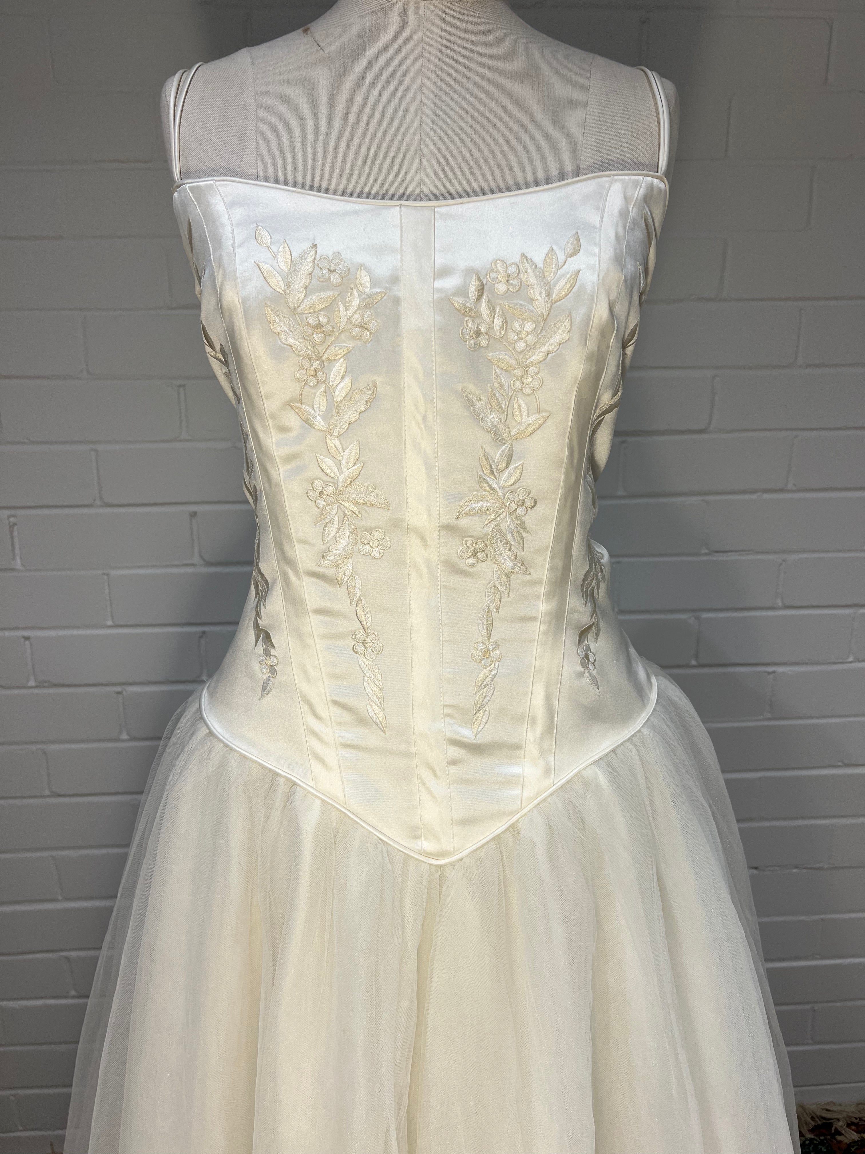 90s Embroidered Corset Tulle Skirt Dress