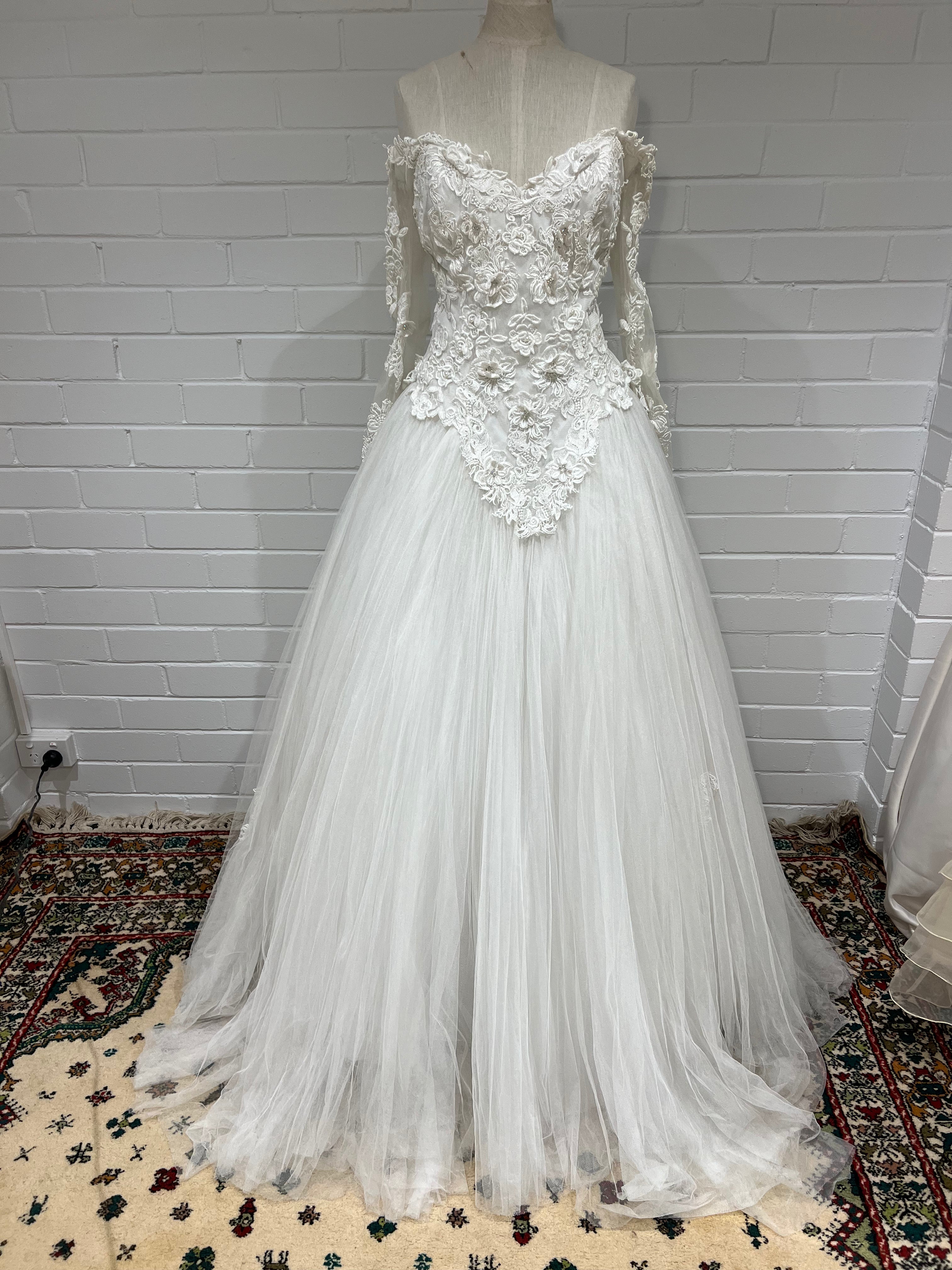 90s Off-the-shoulder Lace Basque Waist Ballgown