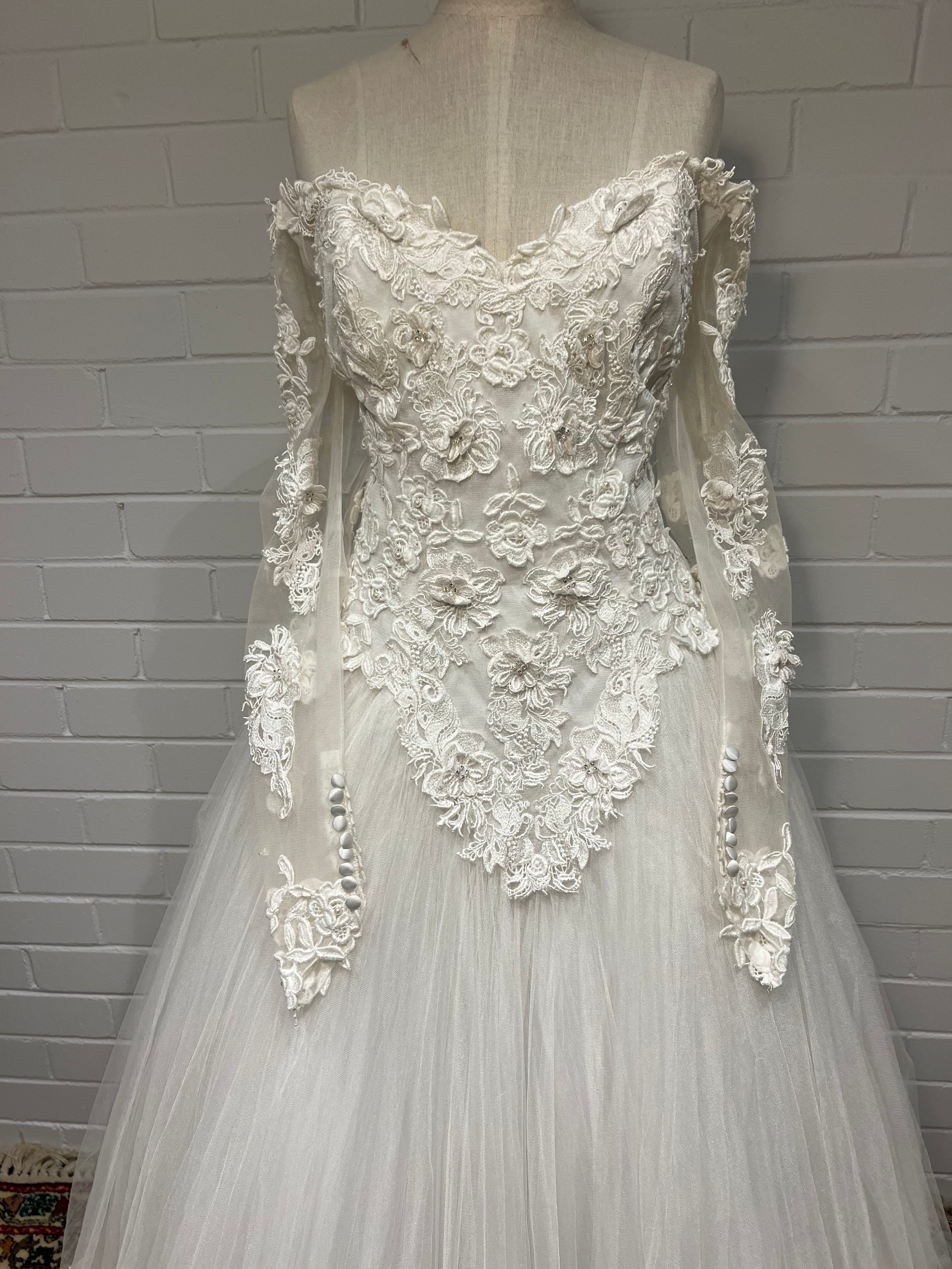 90s Off-the-shoulder Lace Basque Waist Ballgown