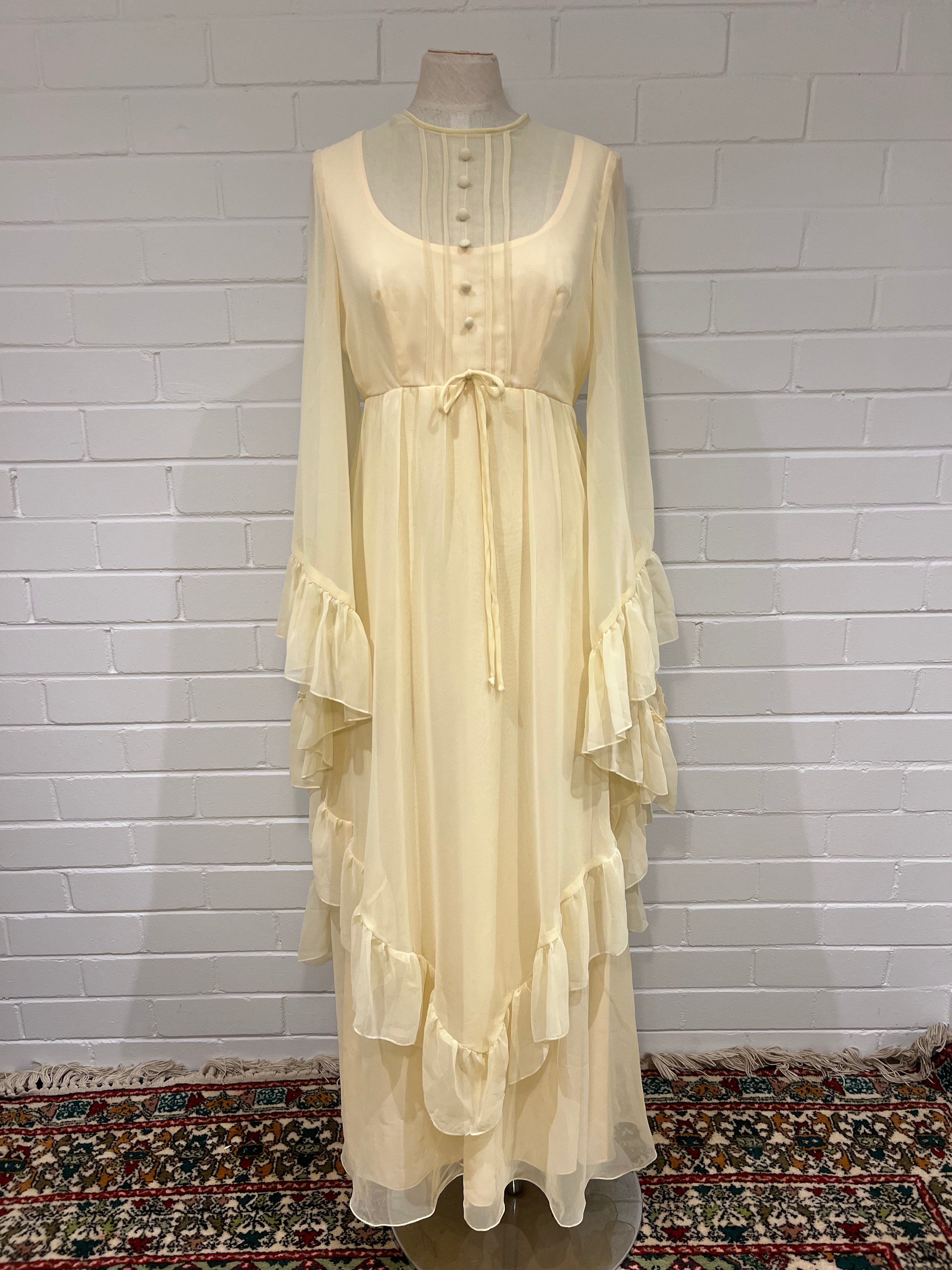 70s Cream Ruffle Bell Sleeve Dress