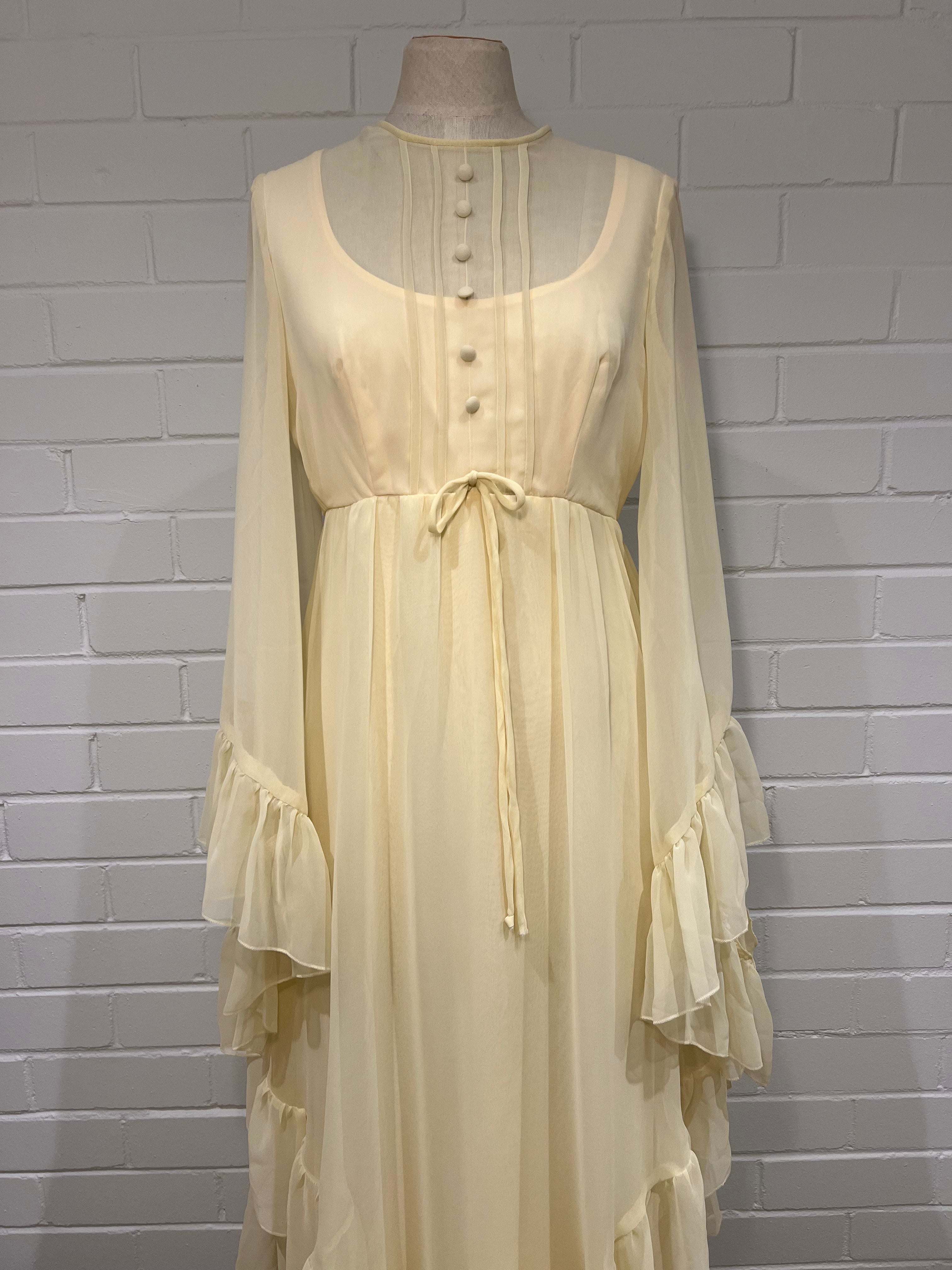 70s Cream Ruffle Bell Sleeve Dress
