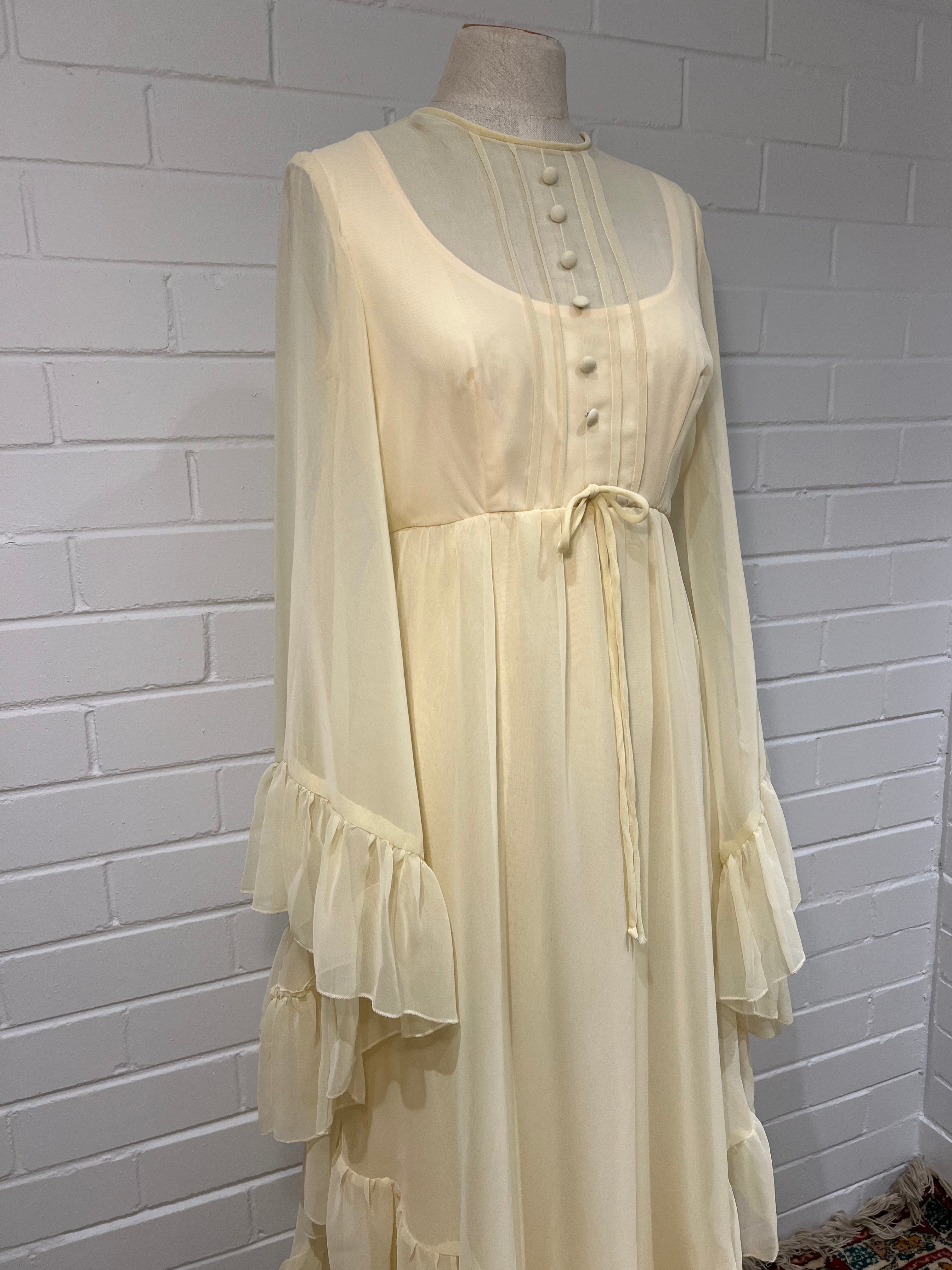 70s Cream Ruffle Bell Sleeve Dress