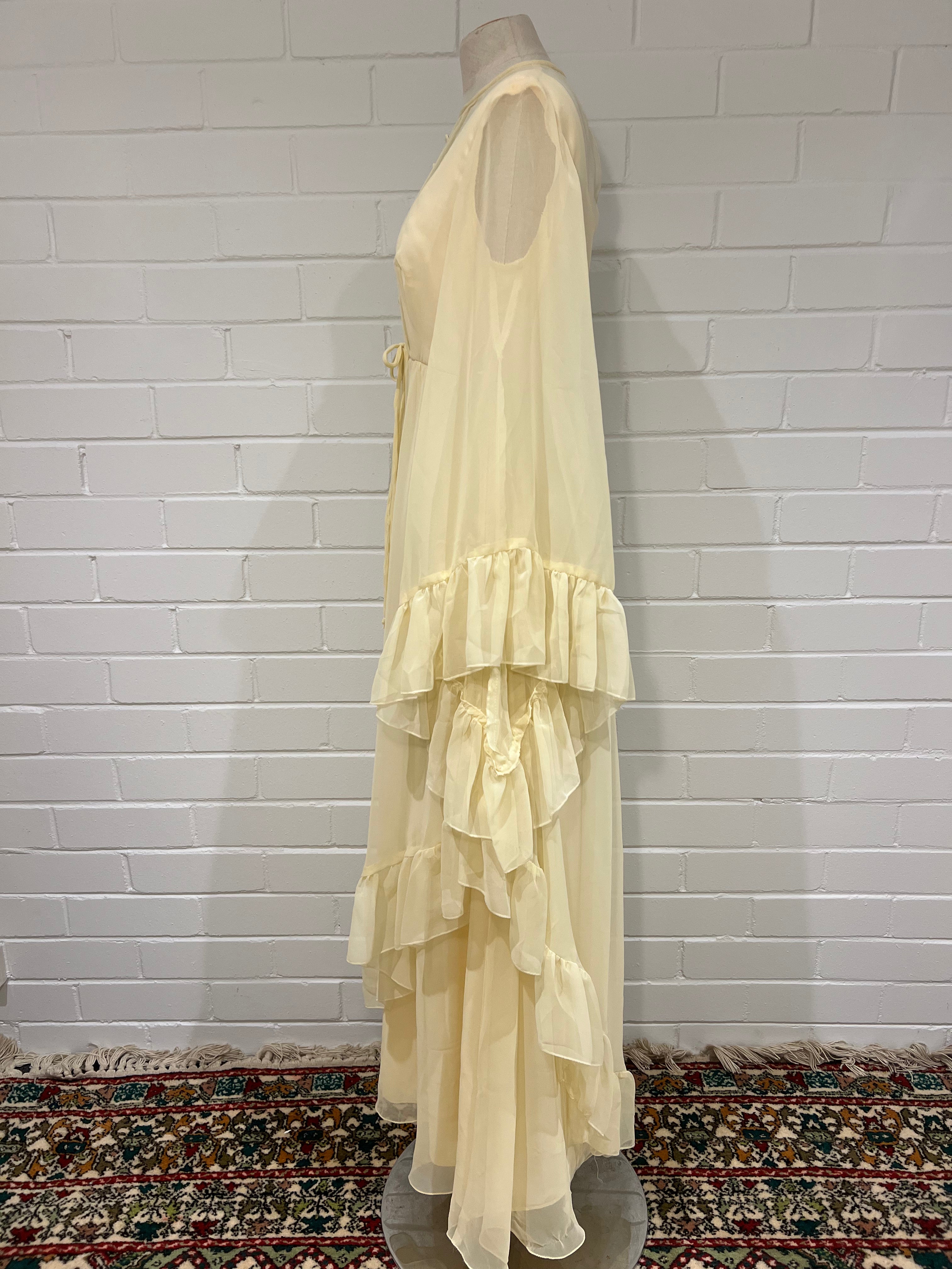 70s Cream Ruffle Bell Sleeve Dress