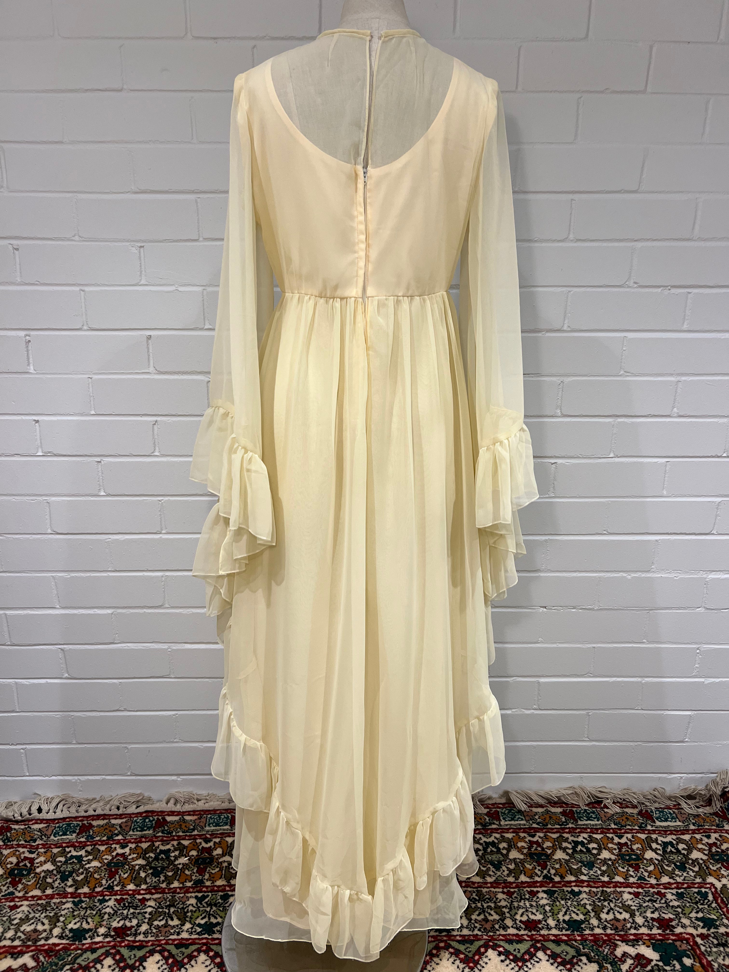 70s Cream Ruffle Bell Sleeve Dress