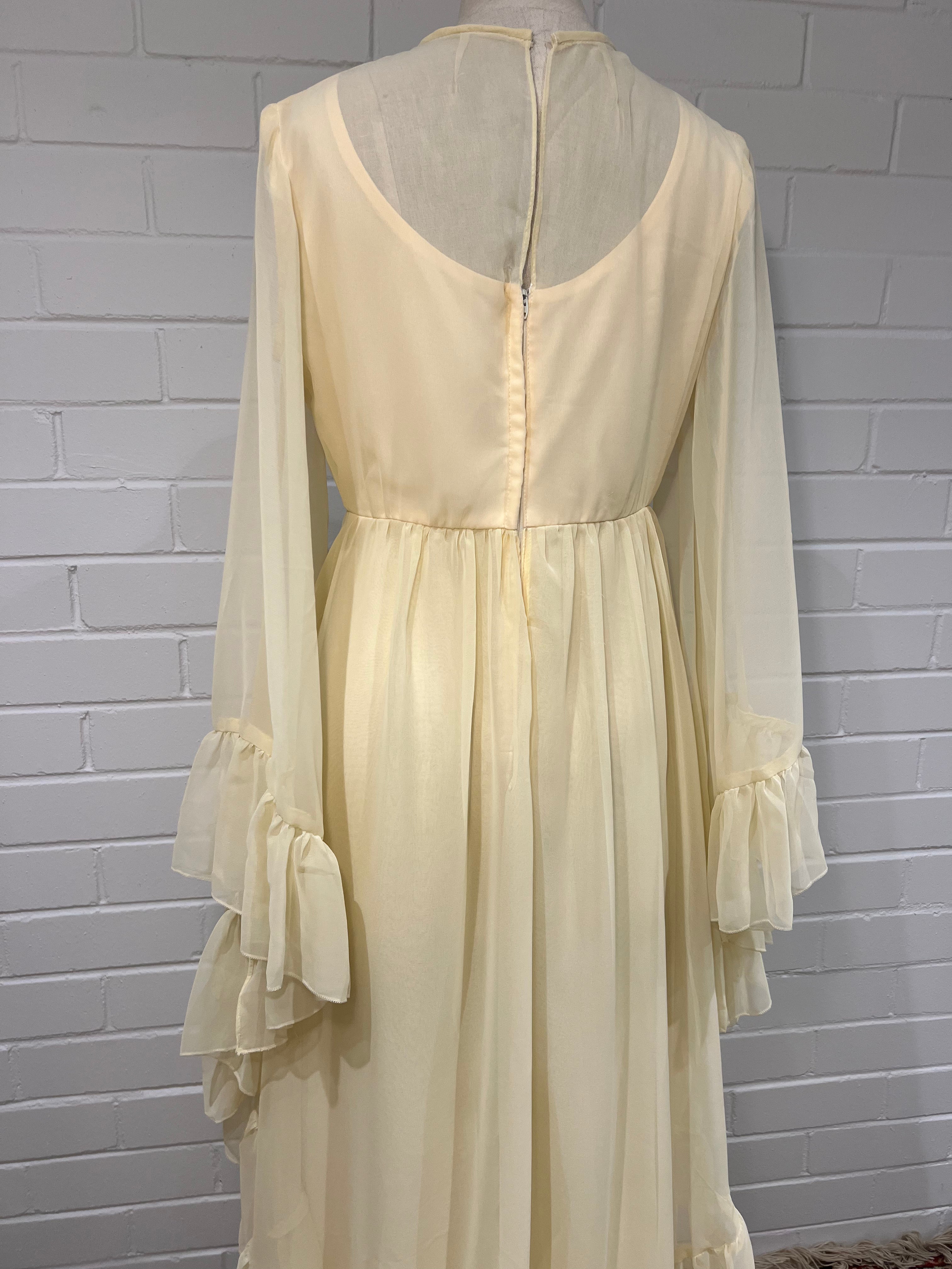 70s Cream Ruffle Bell Sleeve Dress