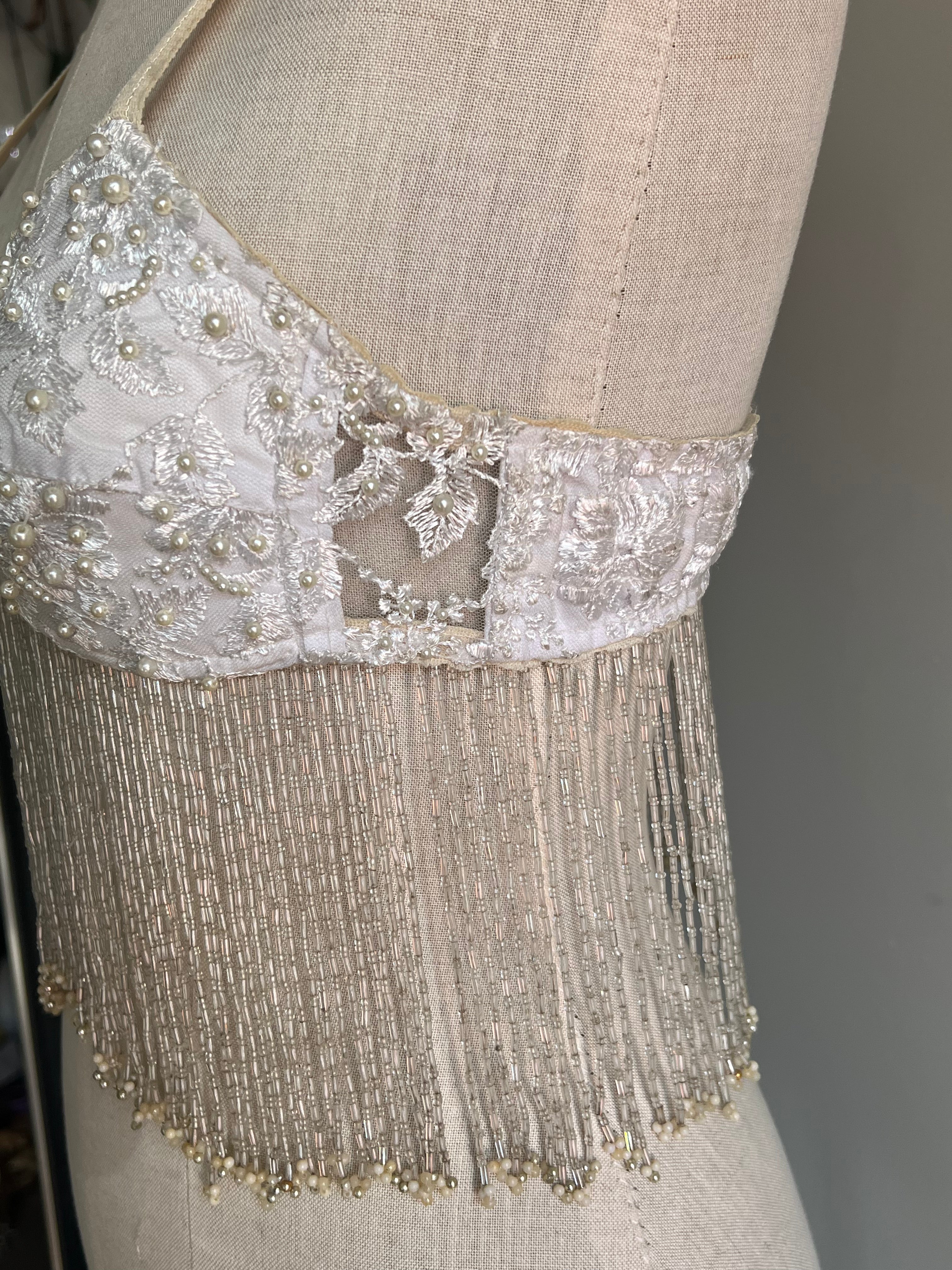 1960s Embroidered and Pearl Bra with Beaded Fringe