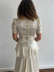 30s Champagne Silk and Floral Net Detail Dress