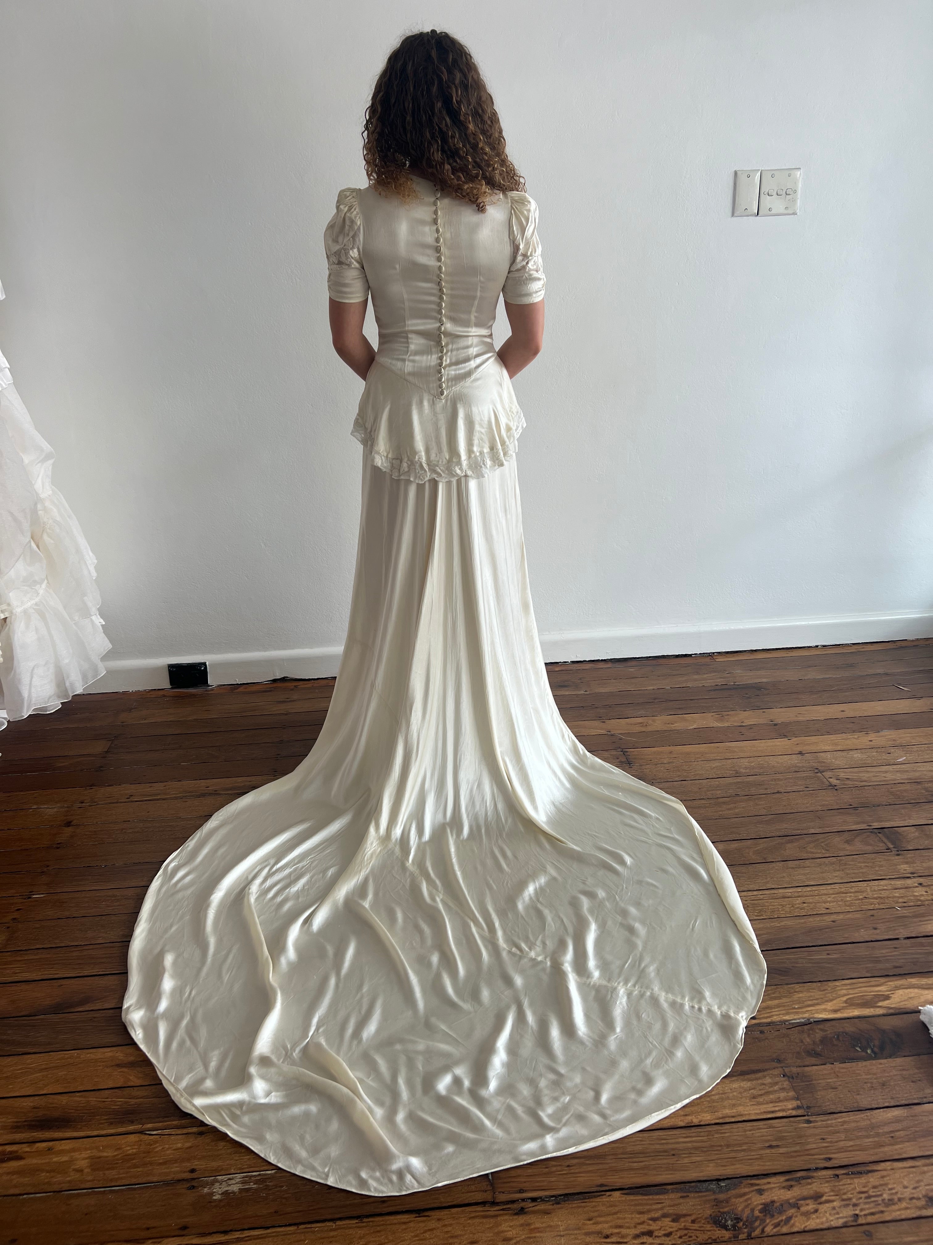 30s Champagne Silk and Floral Net Detail Dress