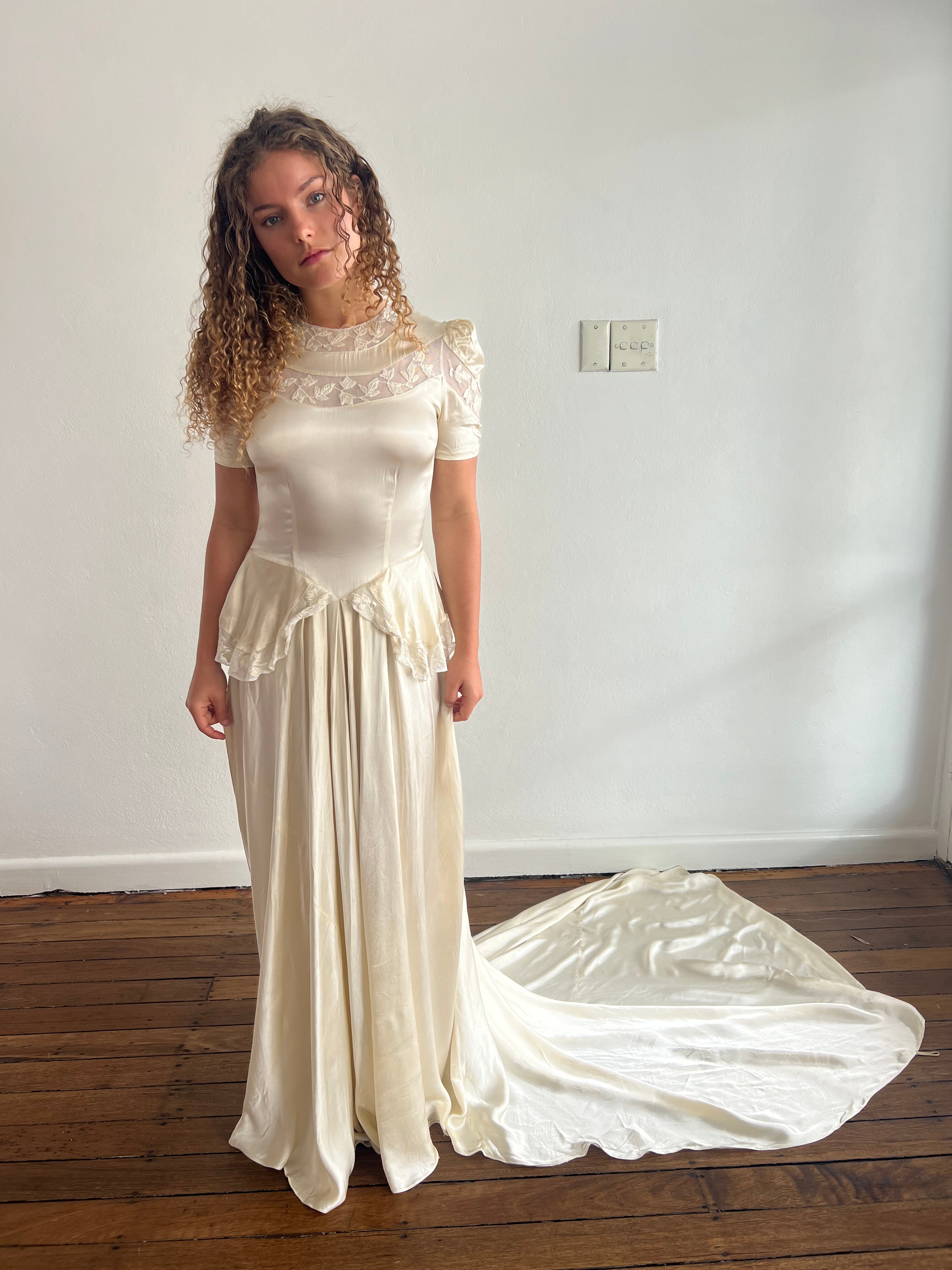 30s Champagne Silk and Floral Net Detail Dress