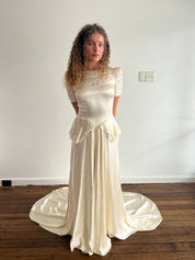 30s Champagne Silk and Floral Net Detail Dress