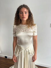 30s Champagne Silk and Floral Net Detail Dress