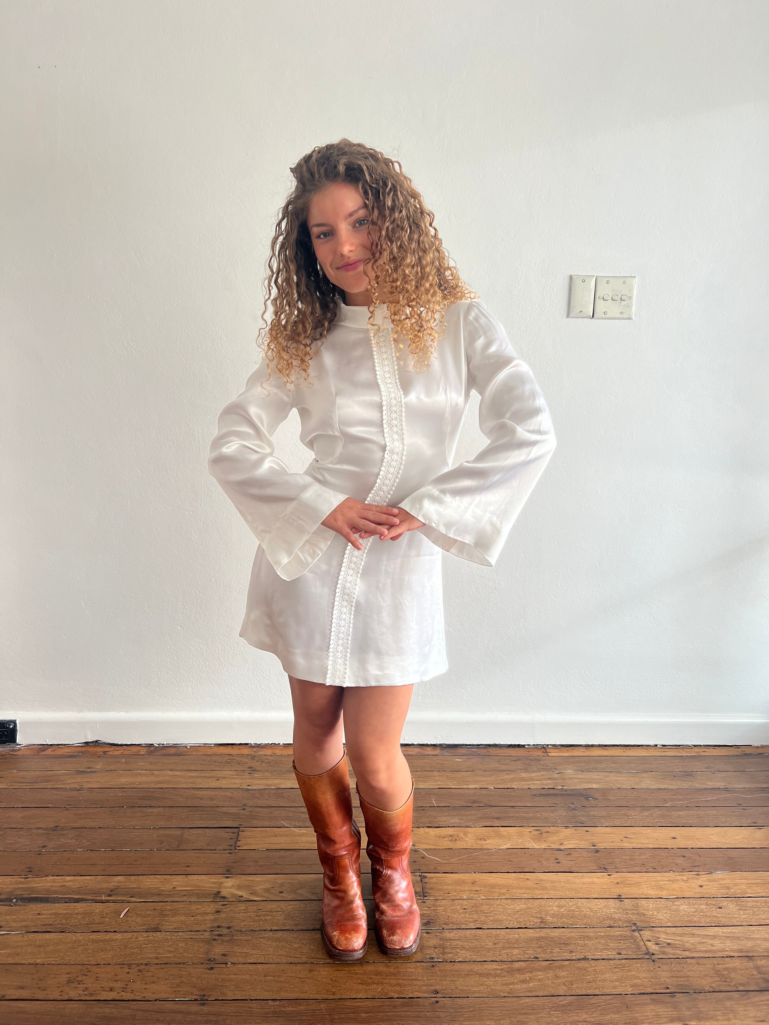 60s Silk Satin Lace Detail Mini Dress