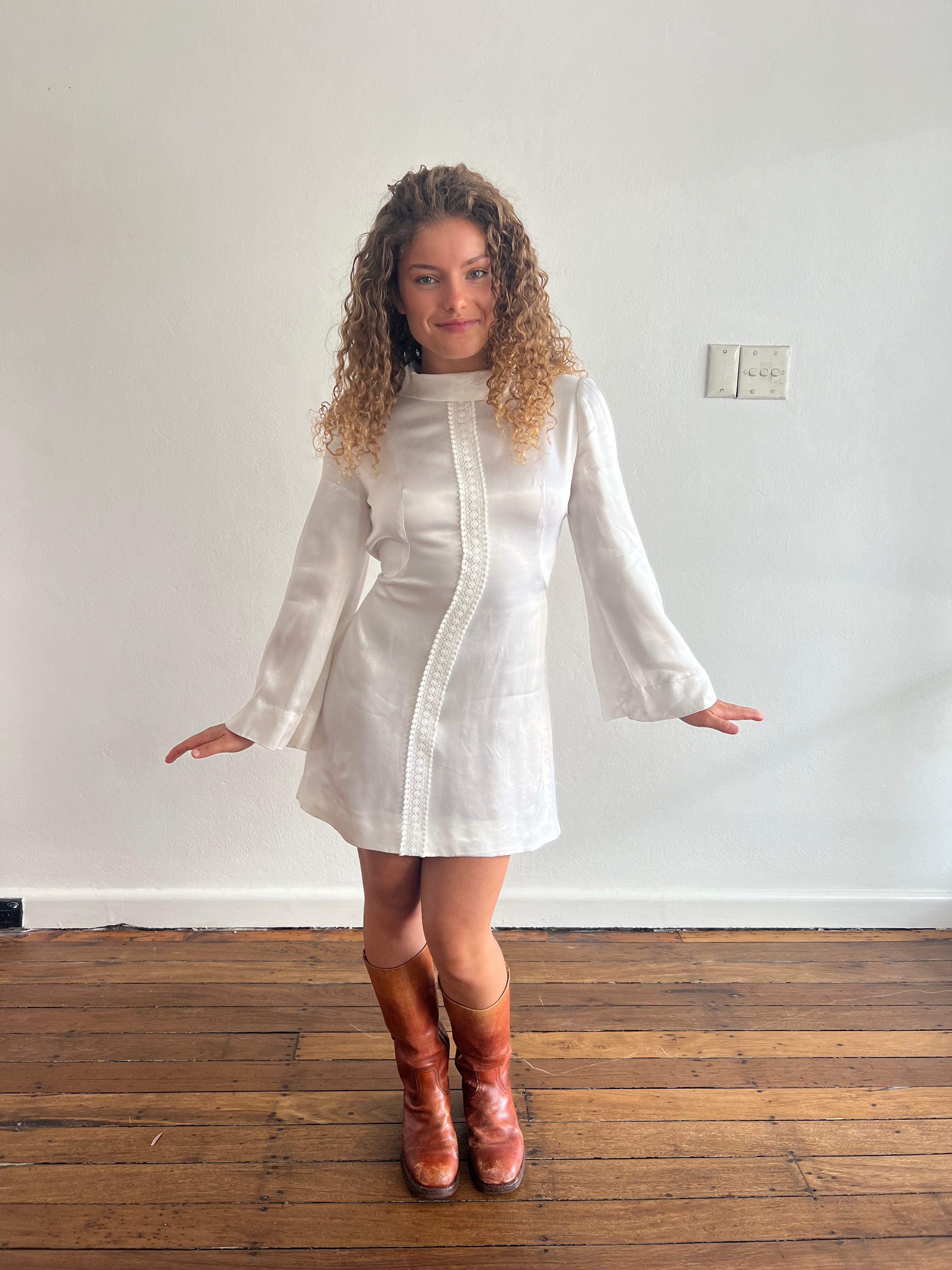 60s Silk Satin Lace Detail Mini Dress