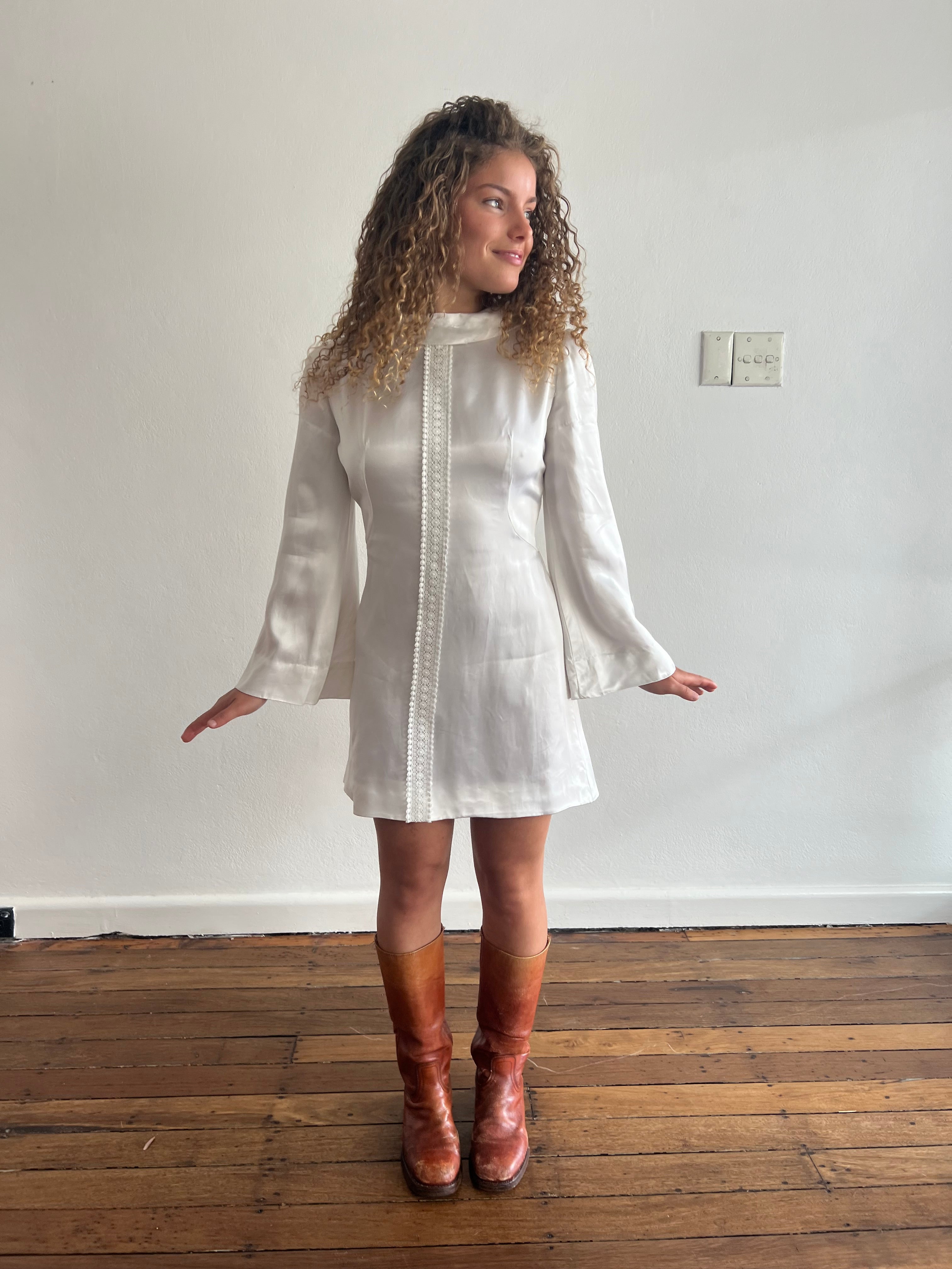 60s Silk Satin Lace Detail Mini Dress