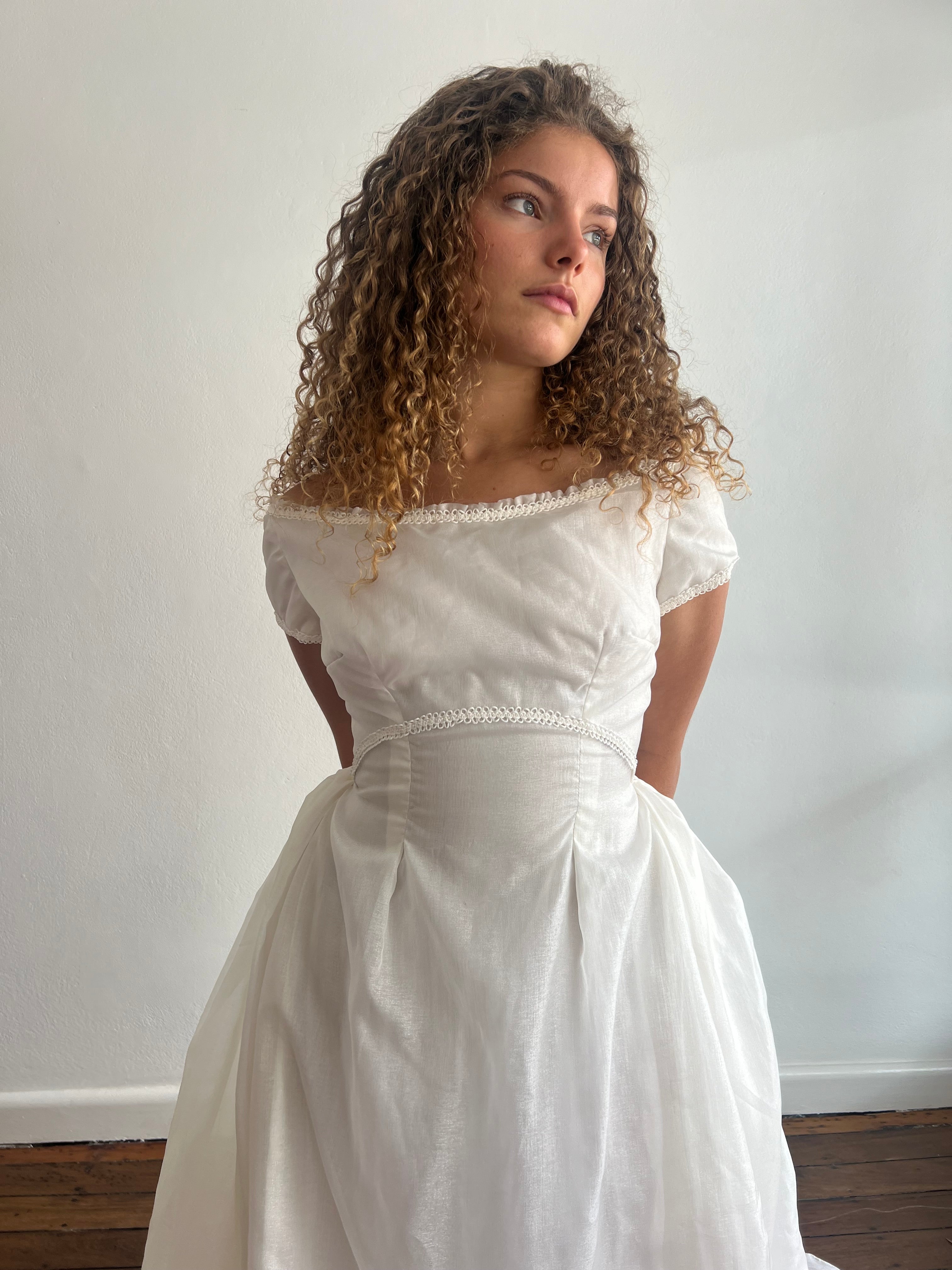 40s Silk Organza Off-the-shoulder Dress