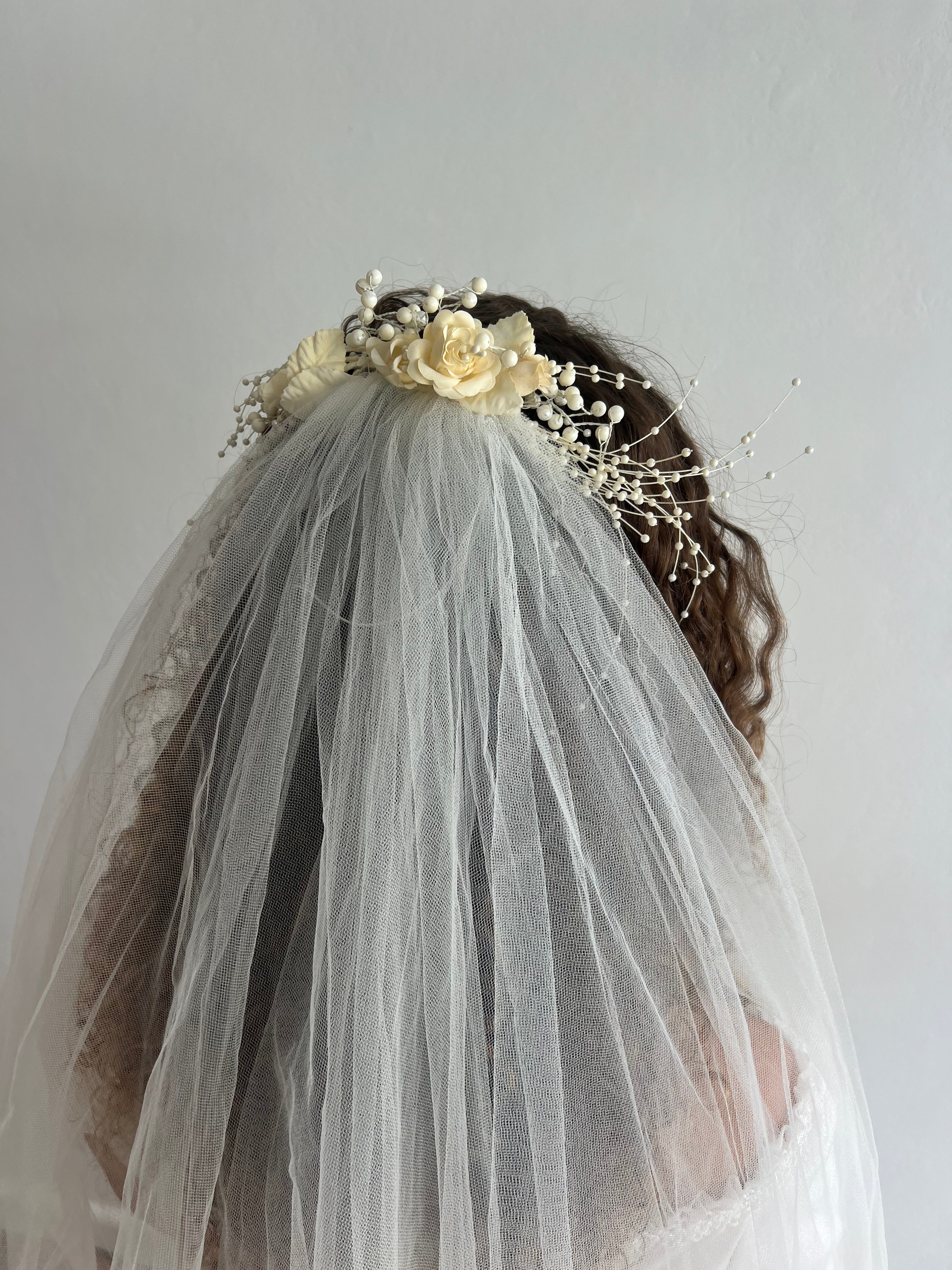 80s Two-Tier Beaded Rosette Veil