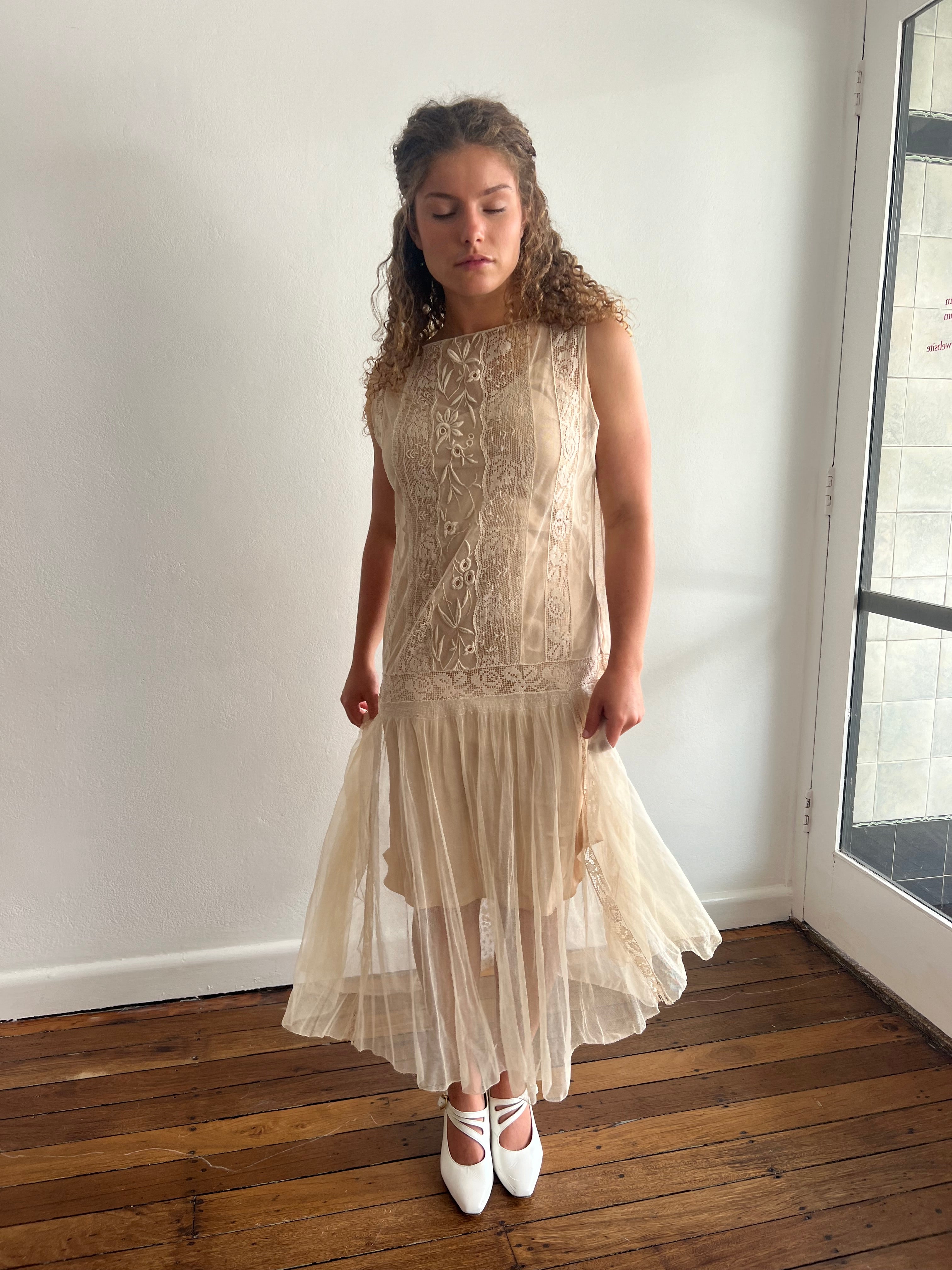 20s Silk French Net Lace Flapper Dress