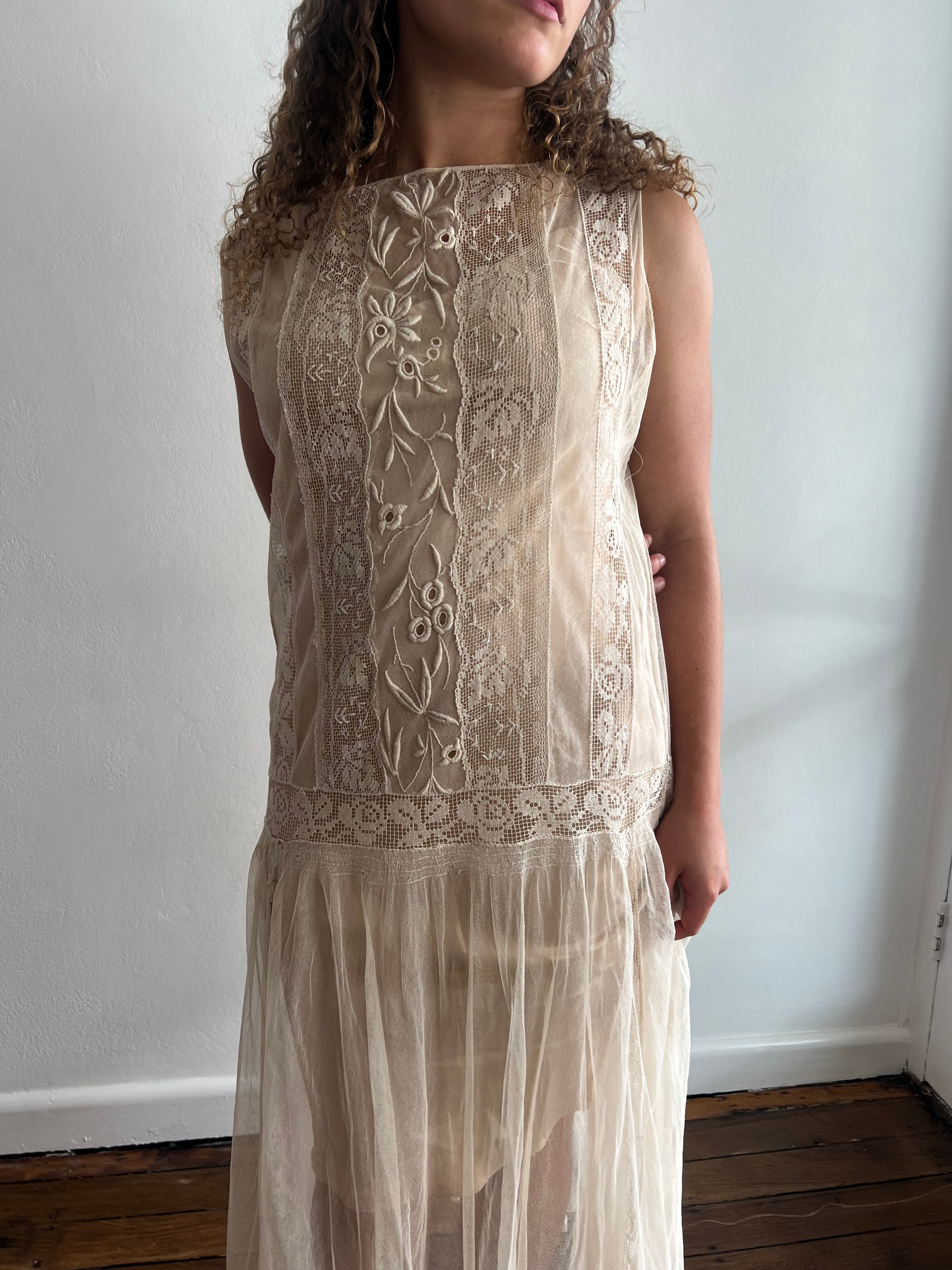 20s Silk French Net Lace Flapper Dress