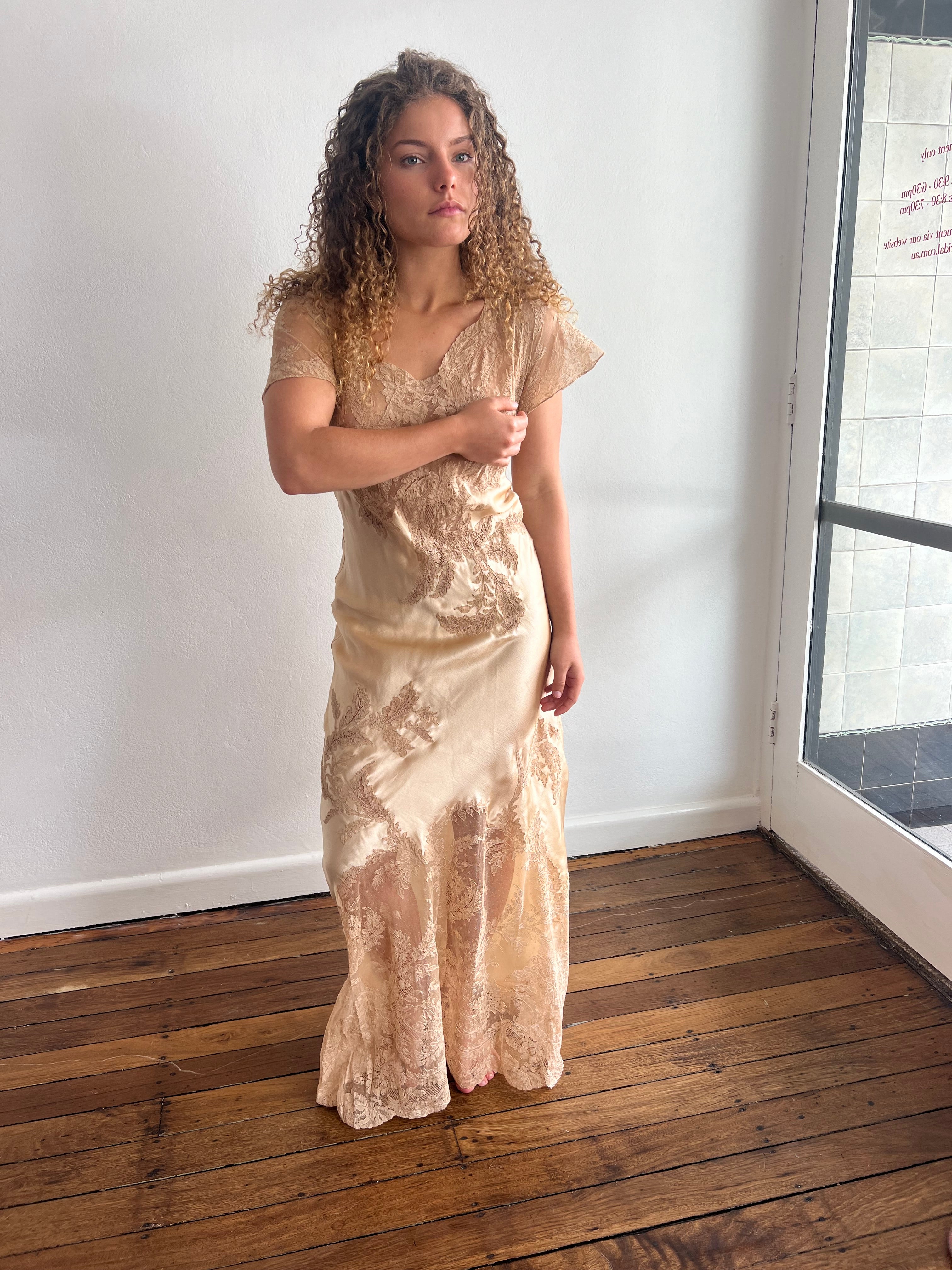 30s Blush Silk and Chantilly Lace Dress
