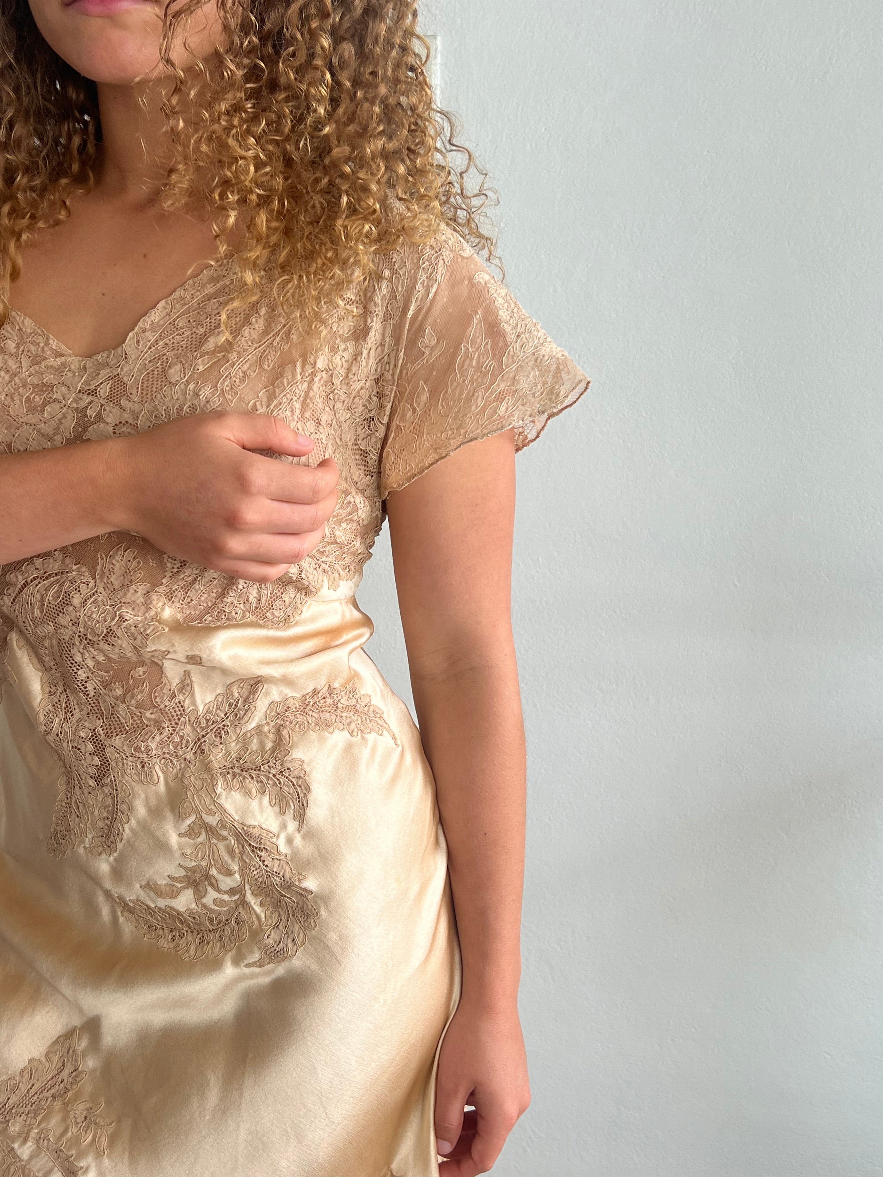 30s Blush Silk and Chantilly Lace Dress