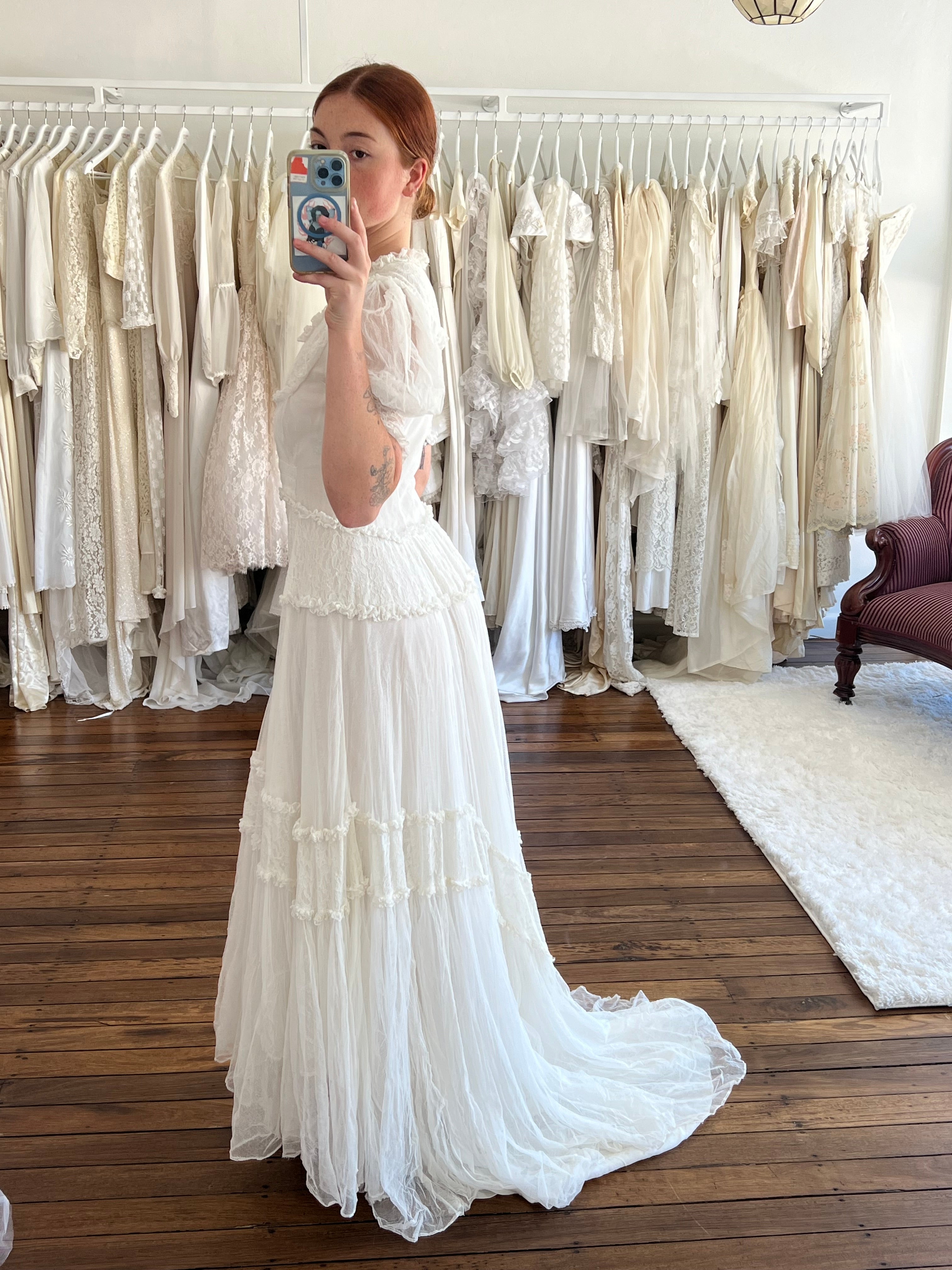 40s Lace and Net Puff Sleeve Dress