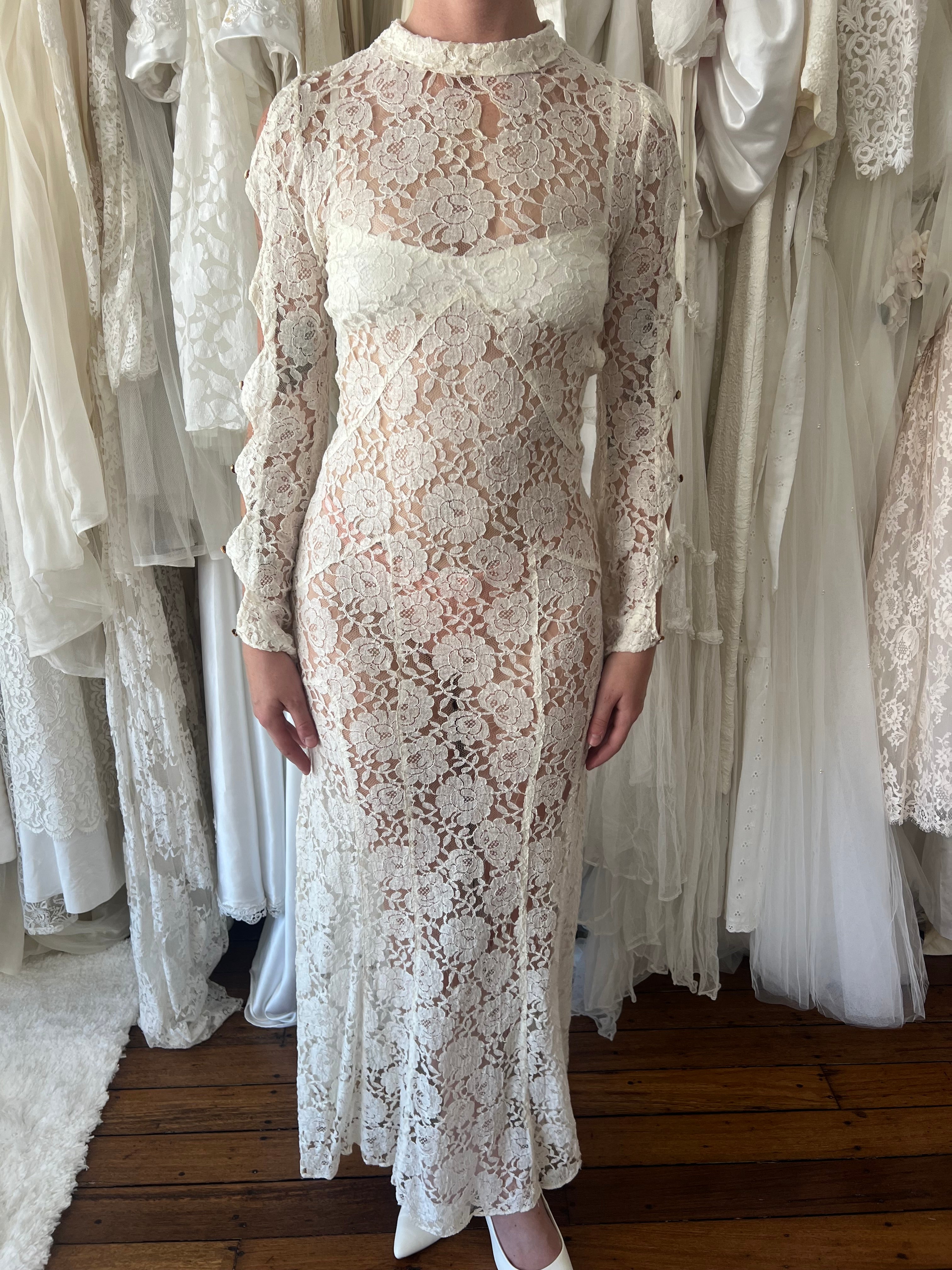 20s Lace Cutout Button Sleeve Dress