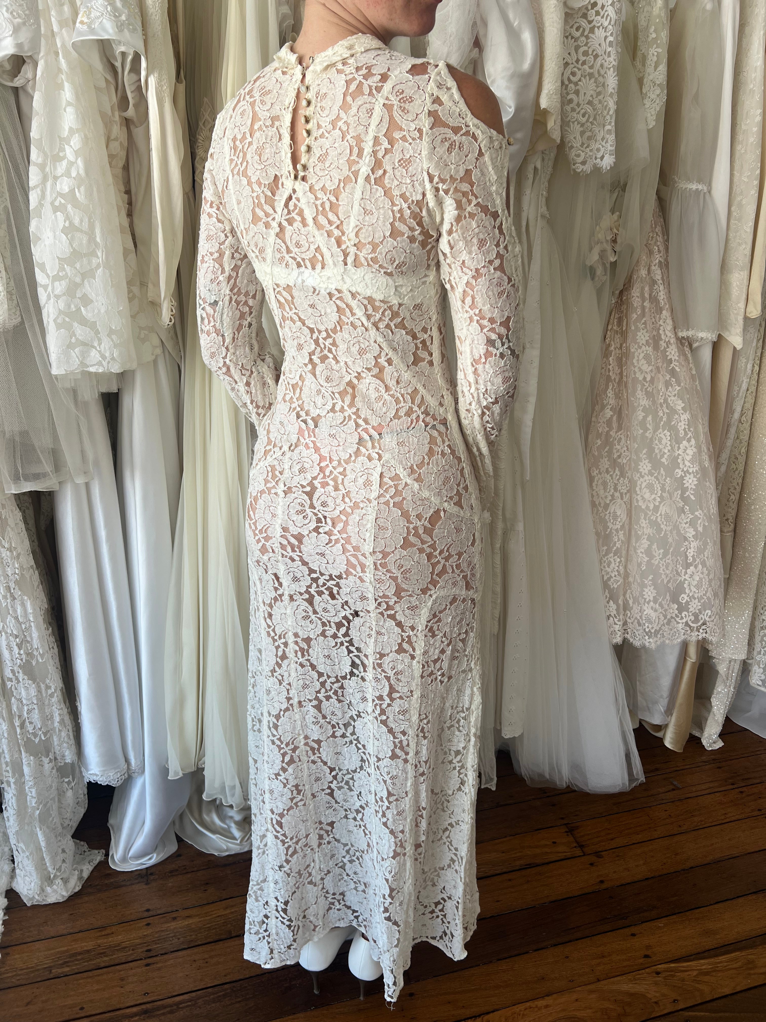 20s Lace Cutout Button Sleeve Dress