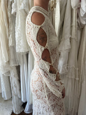 20s Lace Cutout Button Sleeve Dress