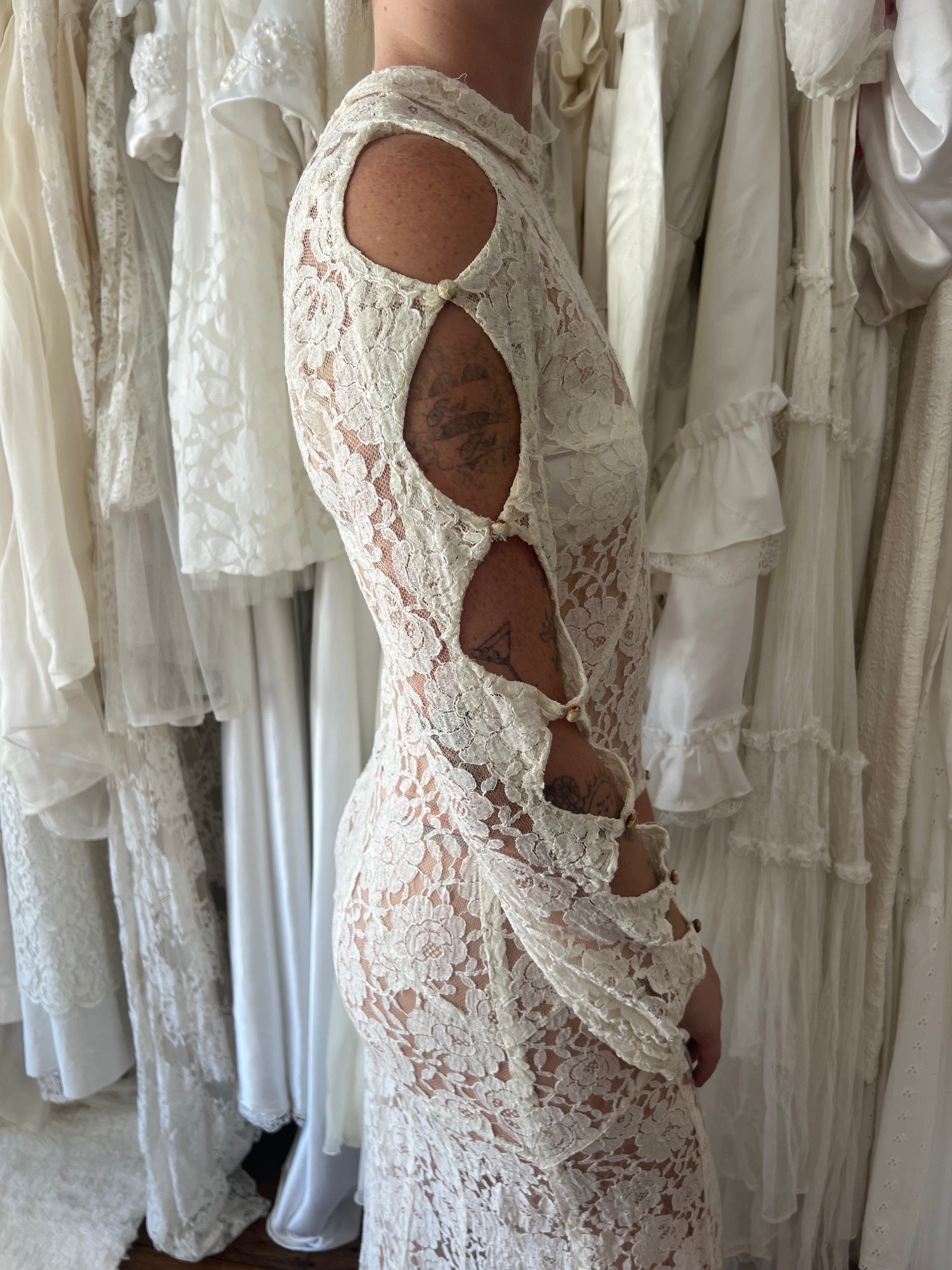 20s Lace Cutout Button Sleeve Dress