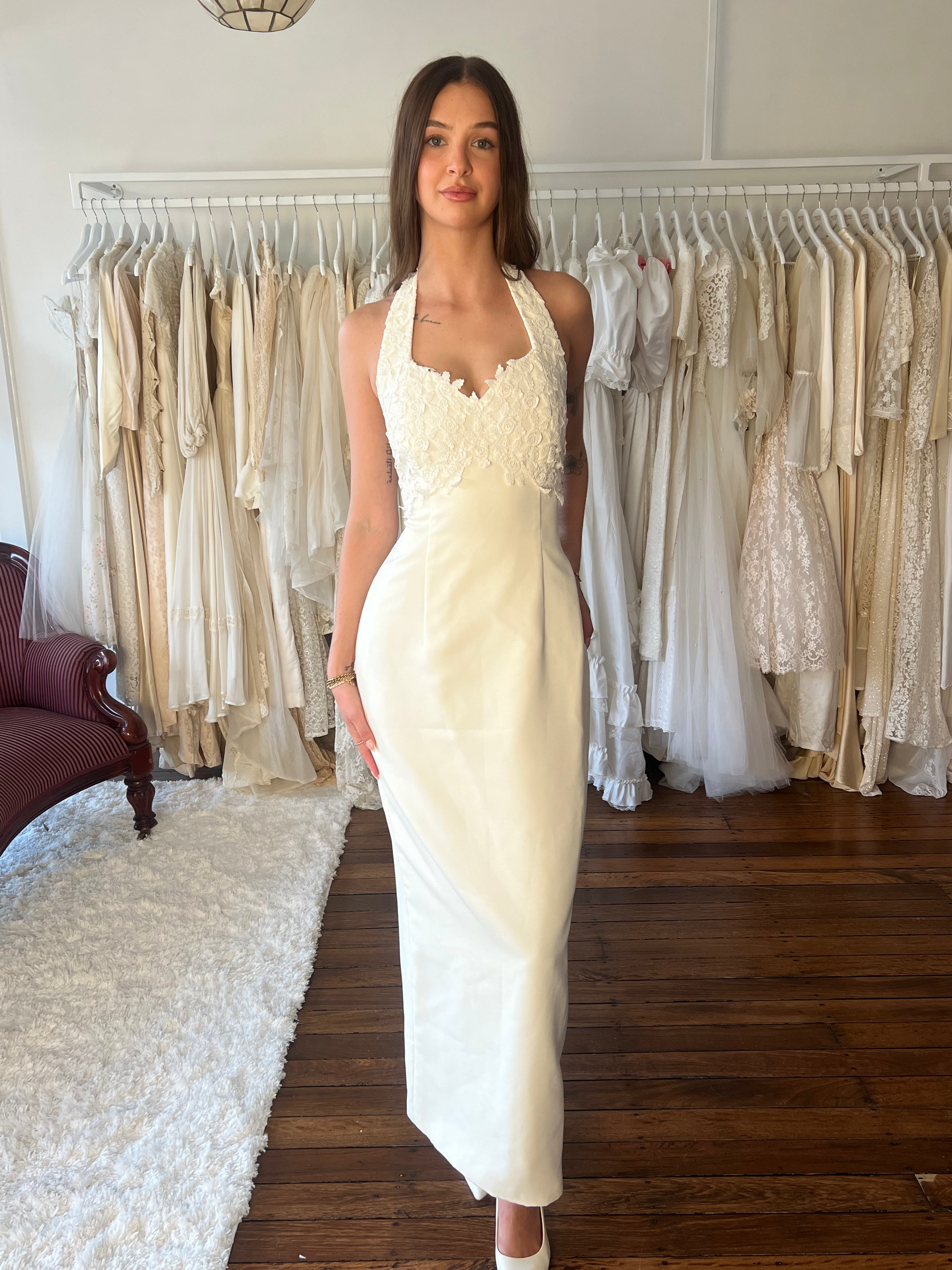 90s Halter Column Dress with Detachable Crepe Train