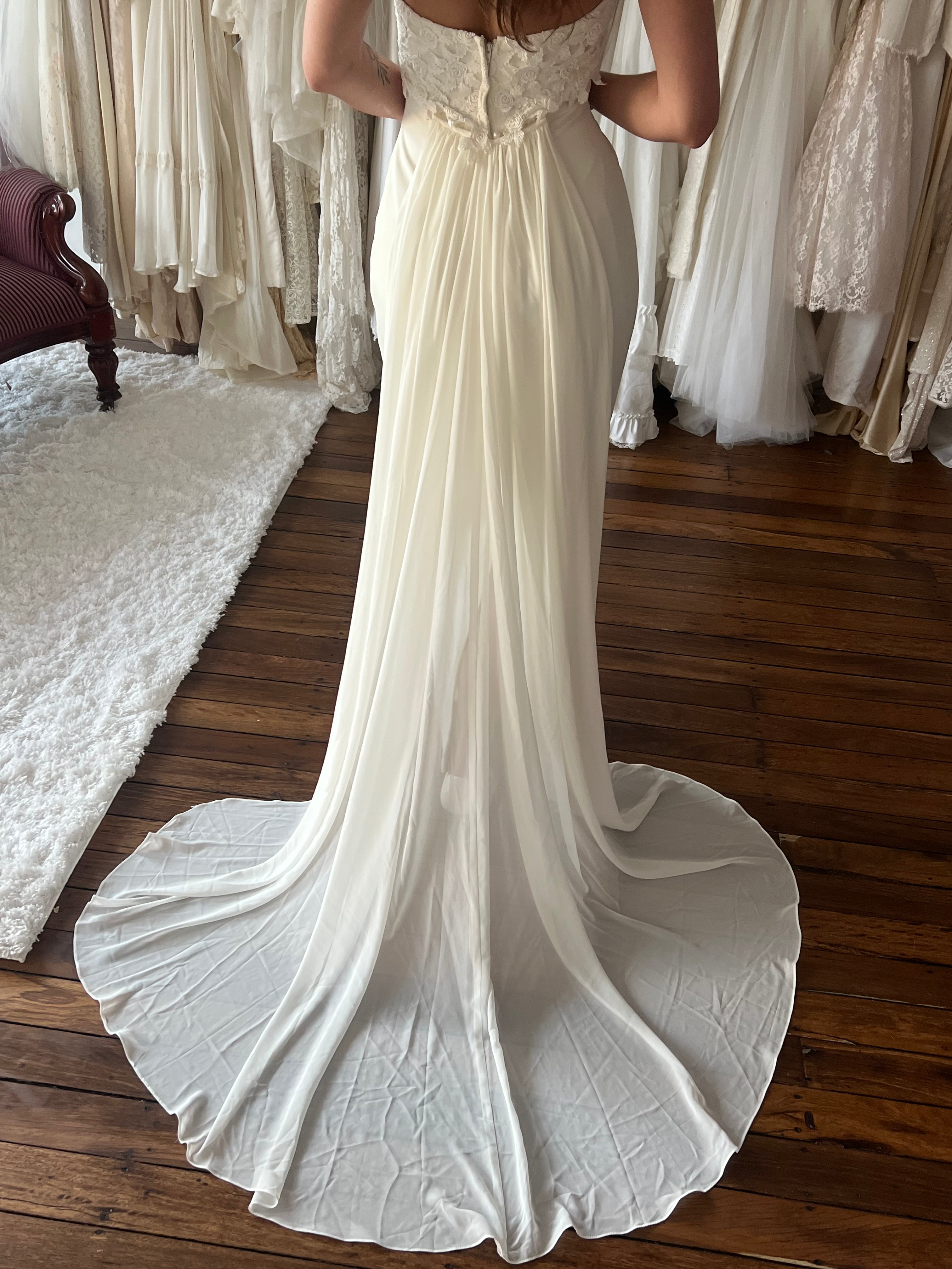 90s Halter Column Dress with Detachable Crepe Train – Fruitful Bridal