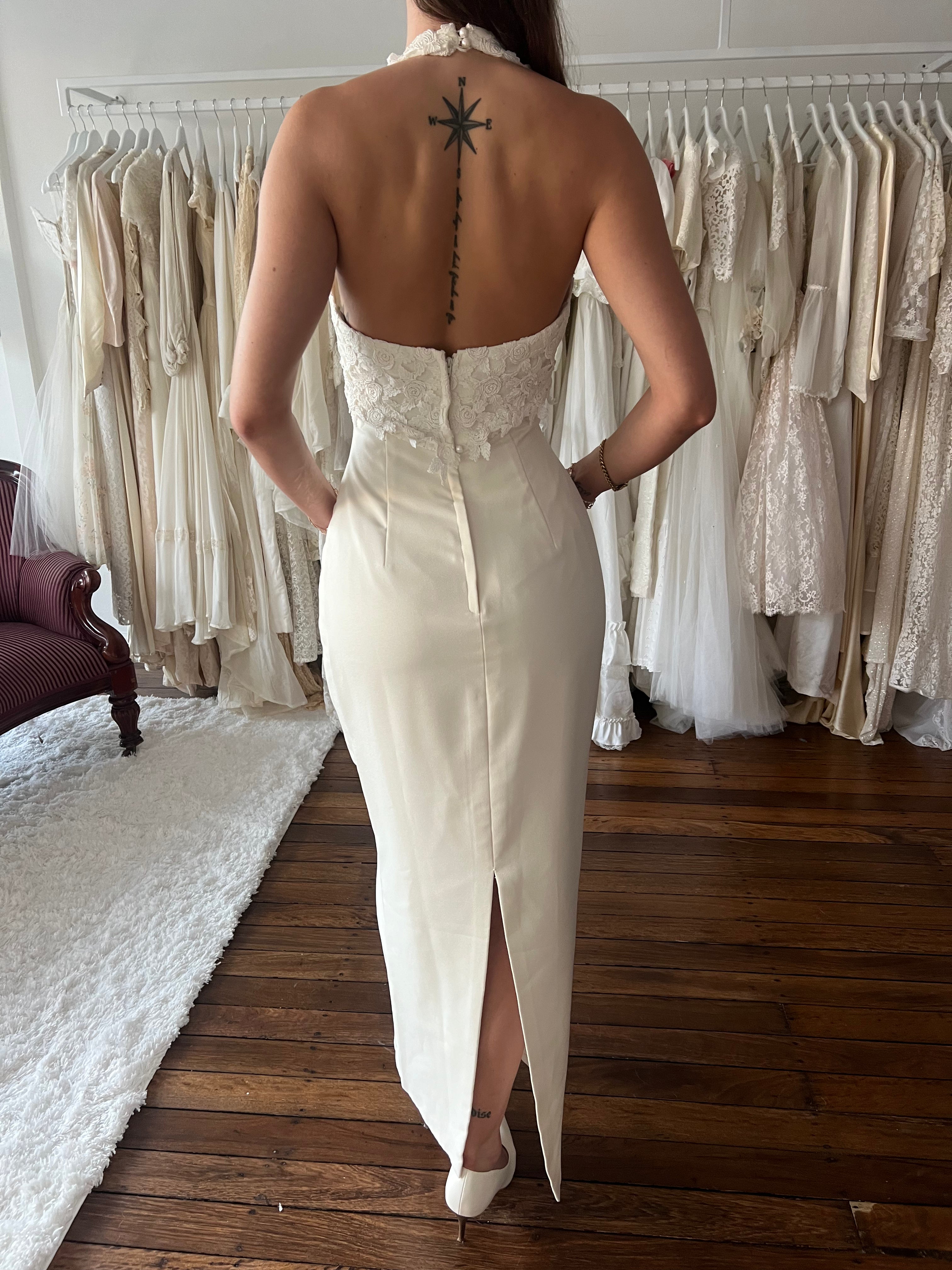 90s Halter Column Dress with Detachable Crepe Train