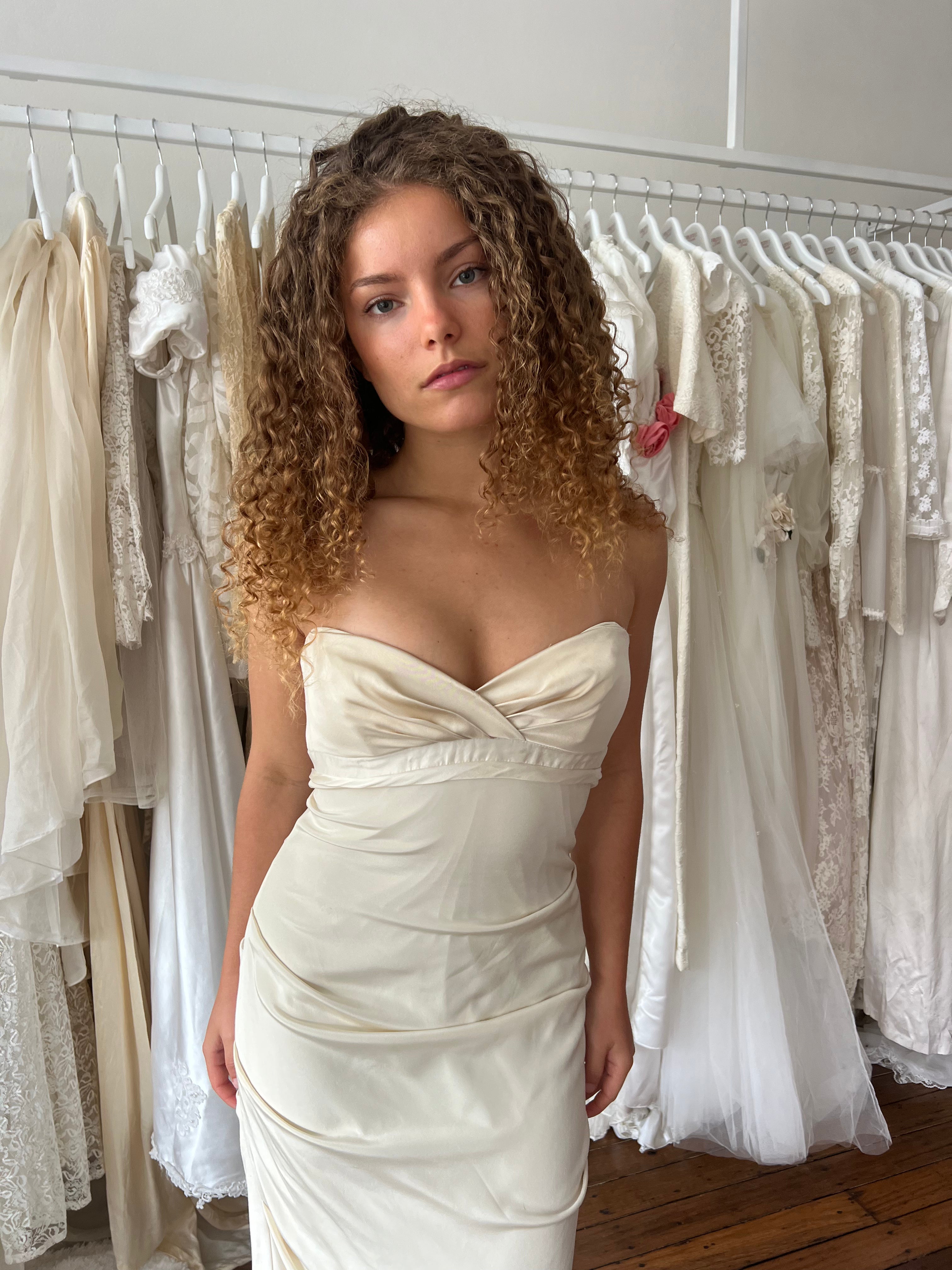 90s Strapless Silk Draped Dress