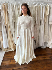 50s Embossed Jacquard Silk Satin Collared Dress