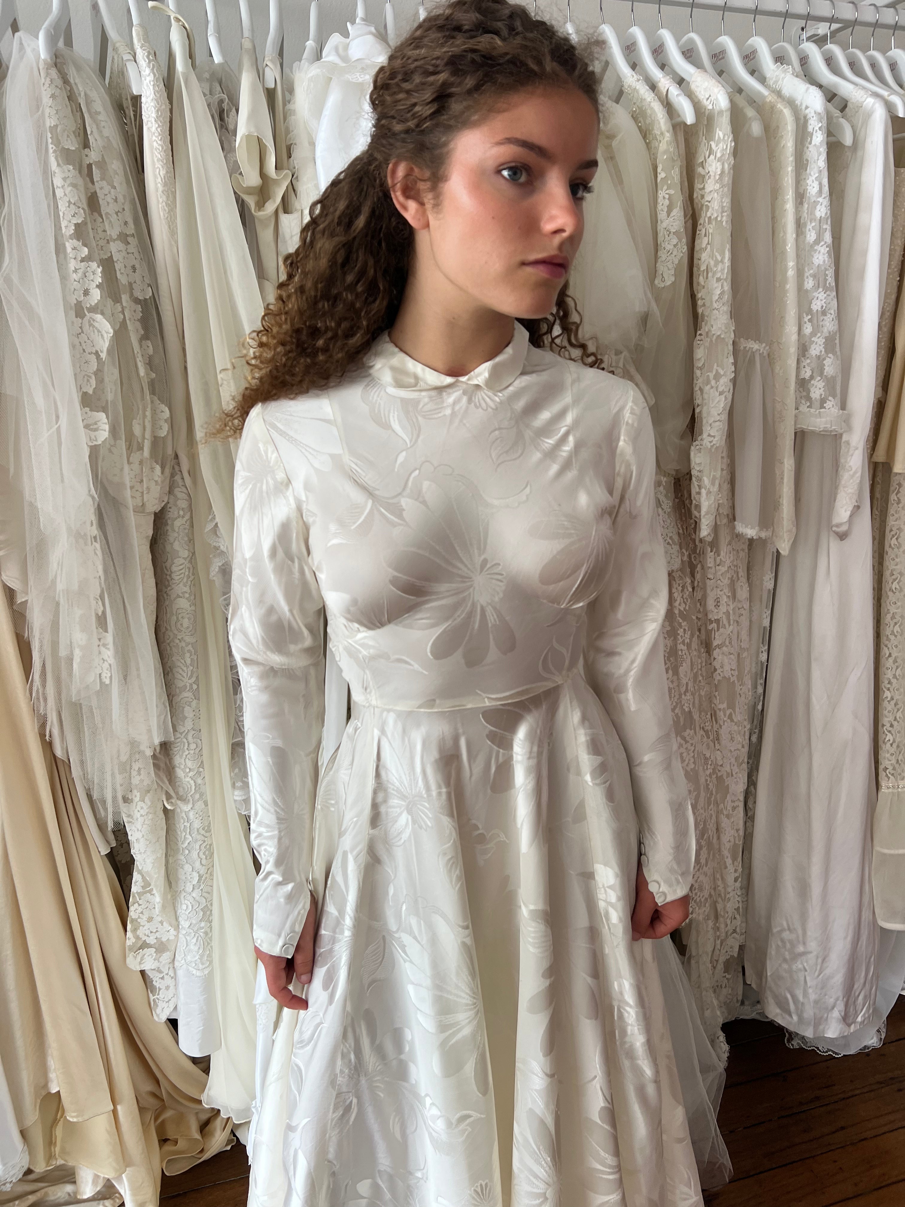 50s Embossed Jacquard Silk Satin Collared Dress