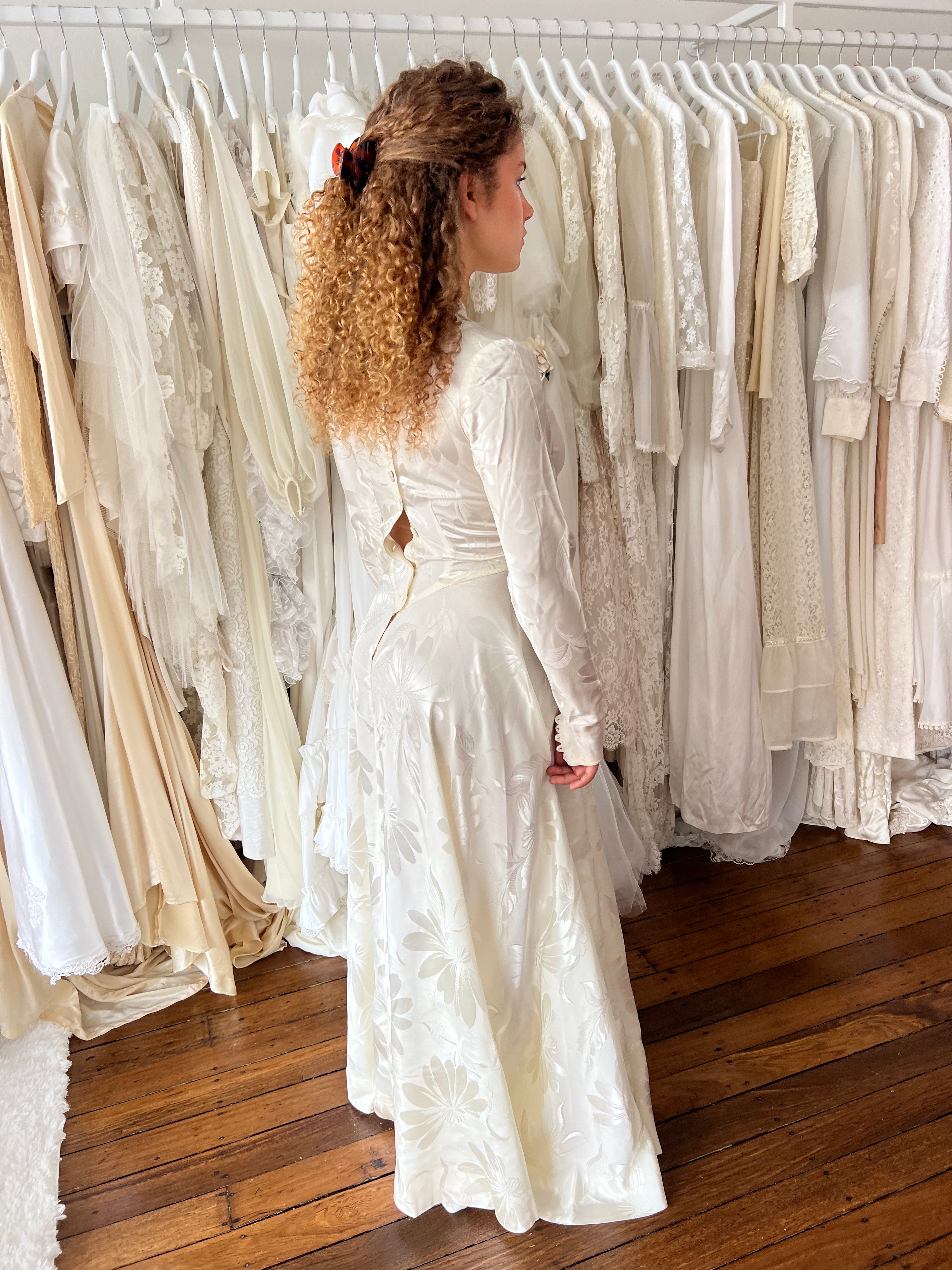 50s Embossed Jacquard Silk Satin Collared Dress