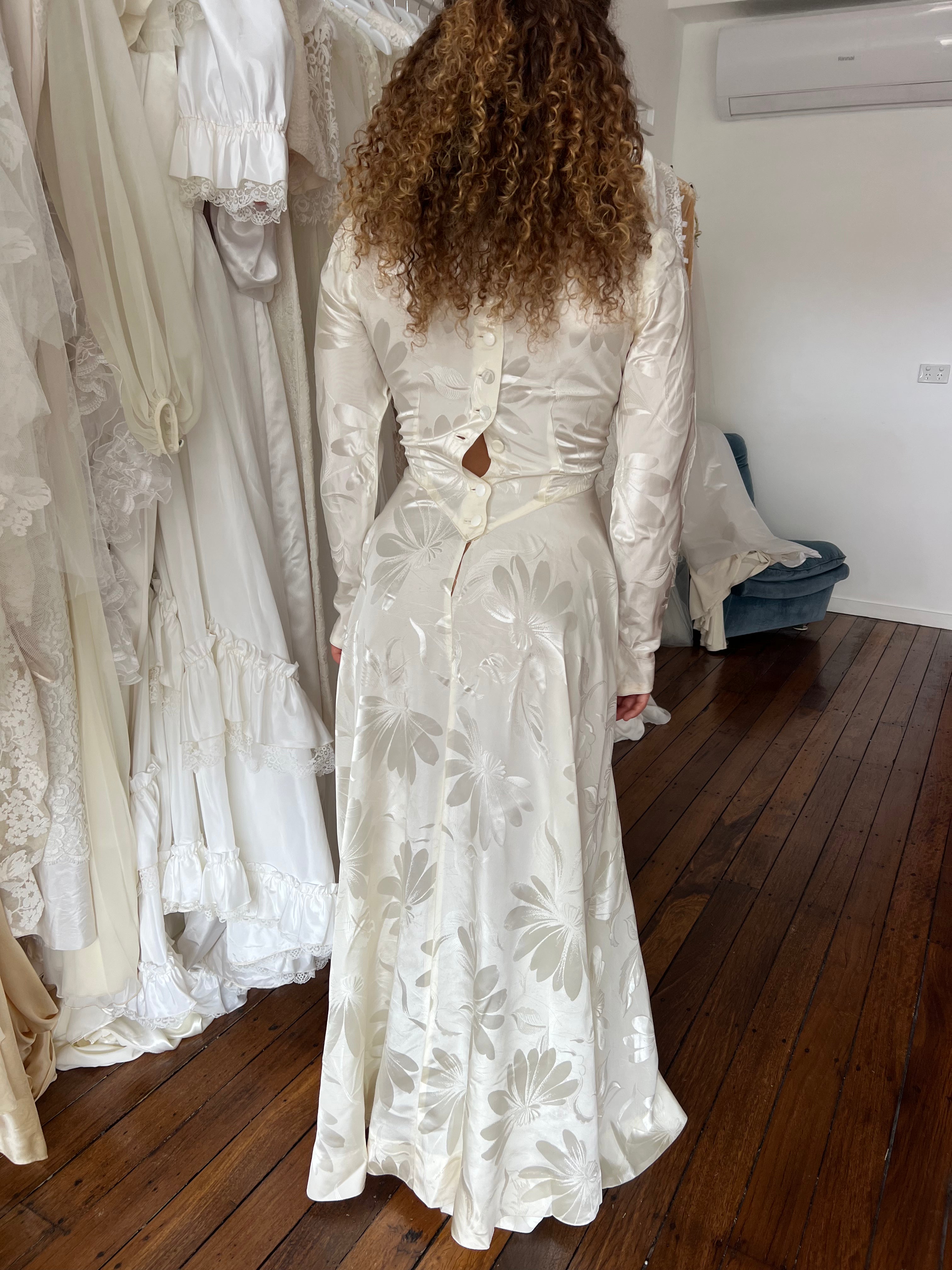 50s Embossed Jacquard Silk Satin Collared Dress