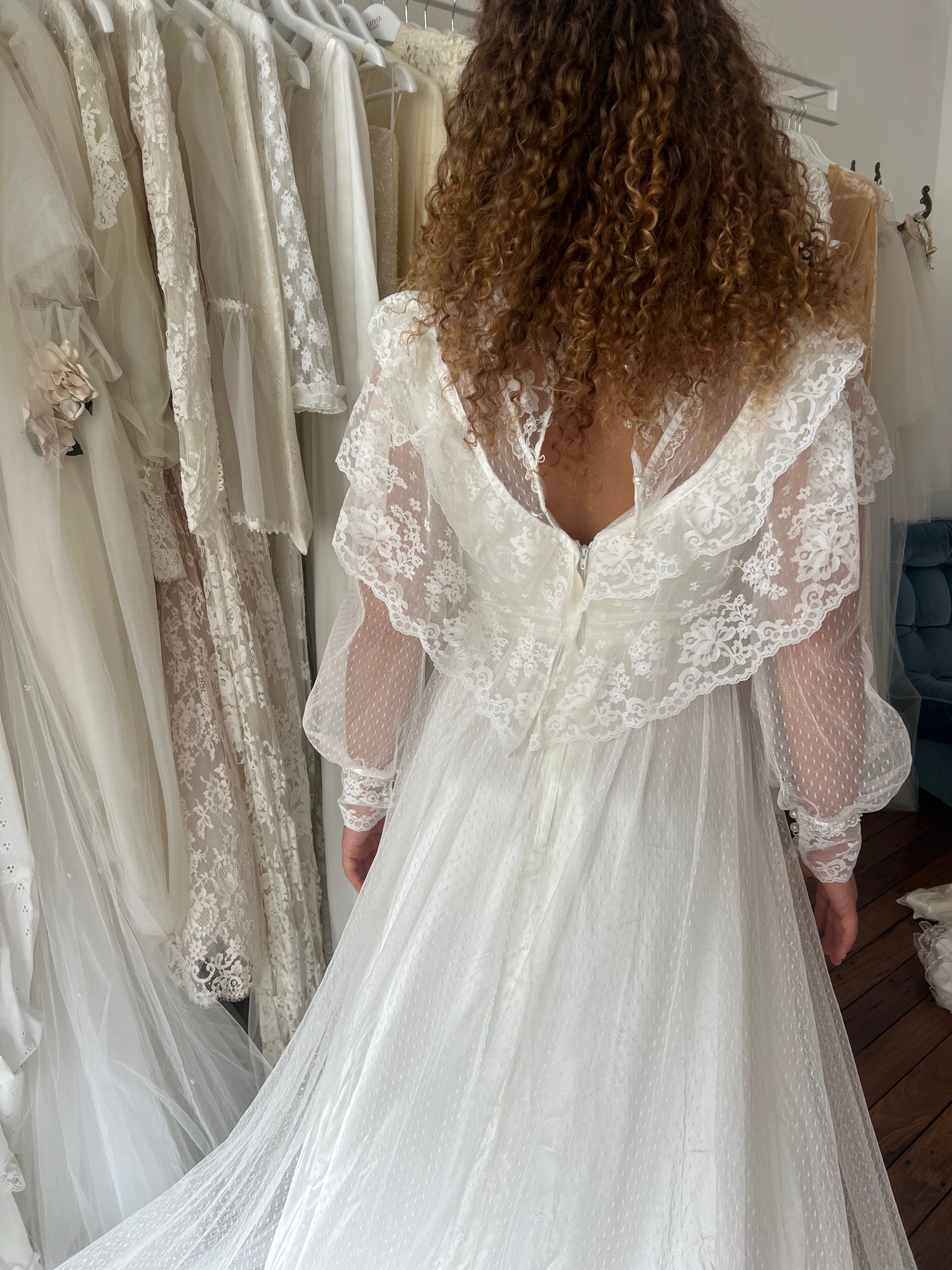 80s Lace Ruffle Mock-neck Dress