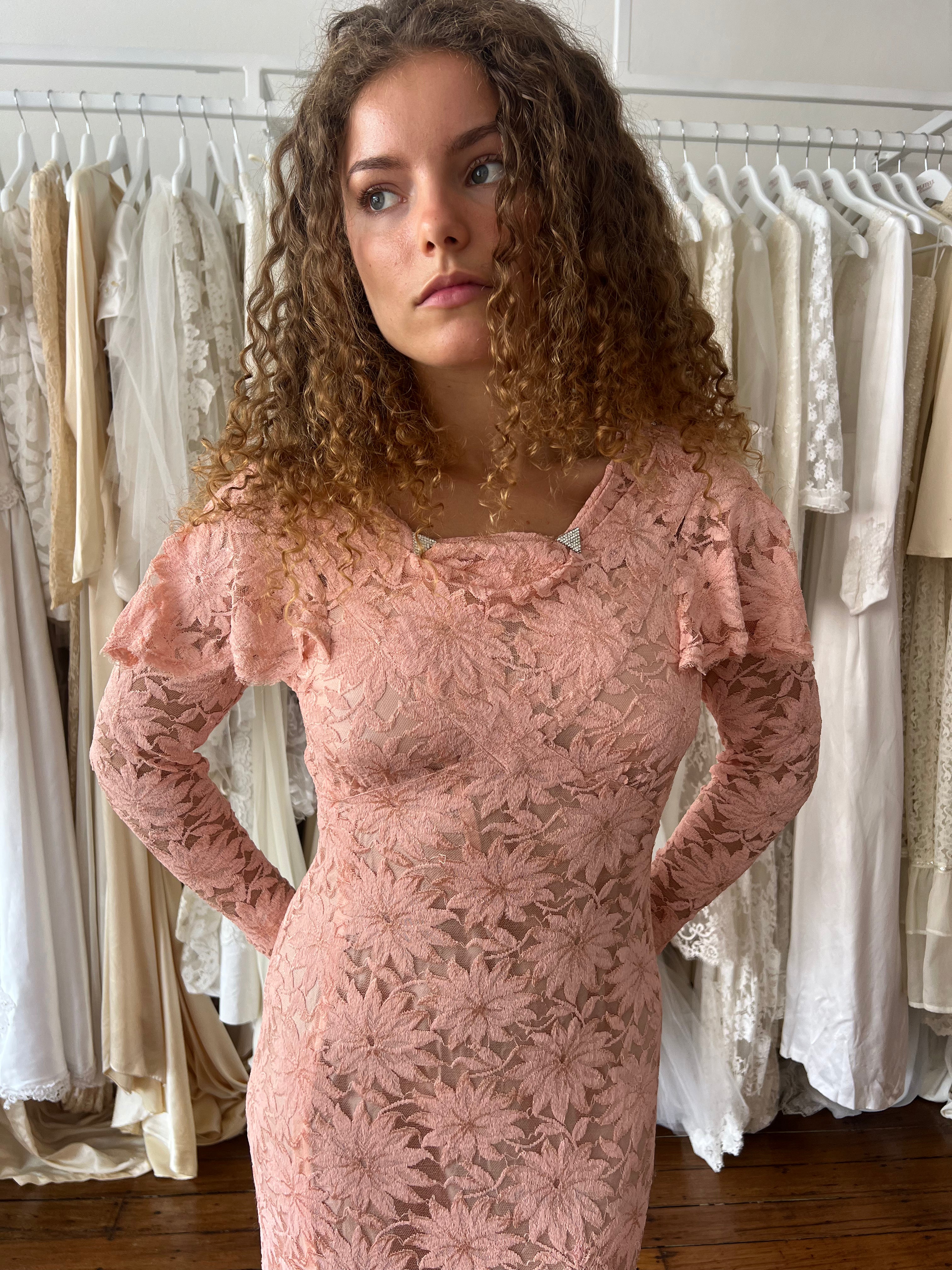 40s Pink Lace Long Sleeve Dress with slip