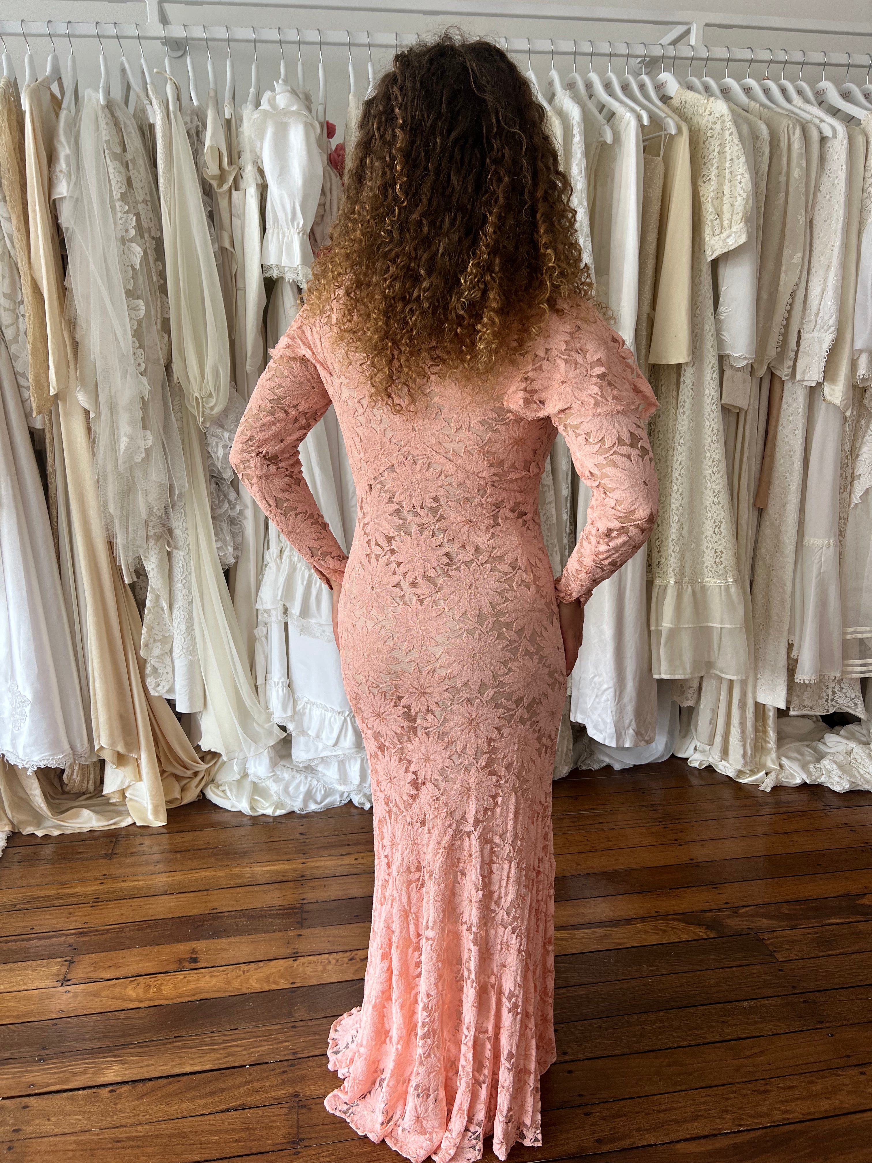 40s Pink Lace Long Sleeve Dress with slip