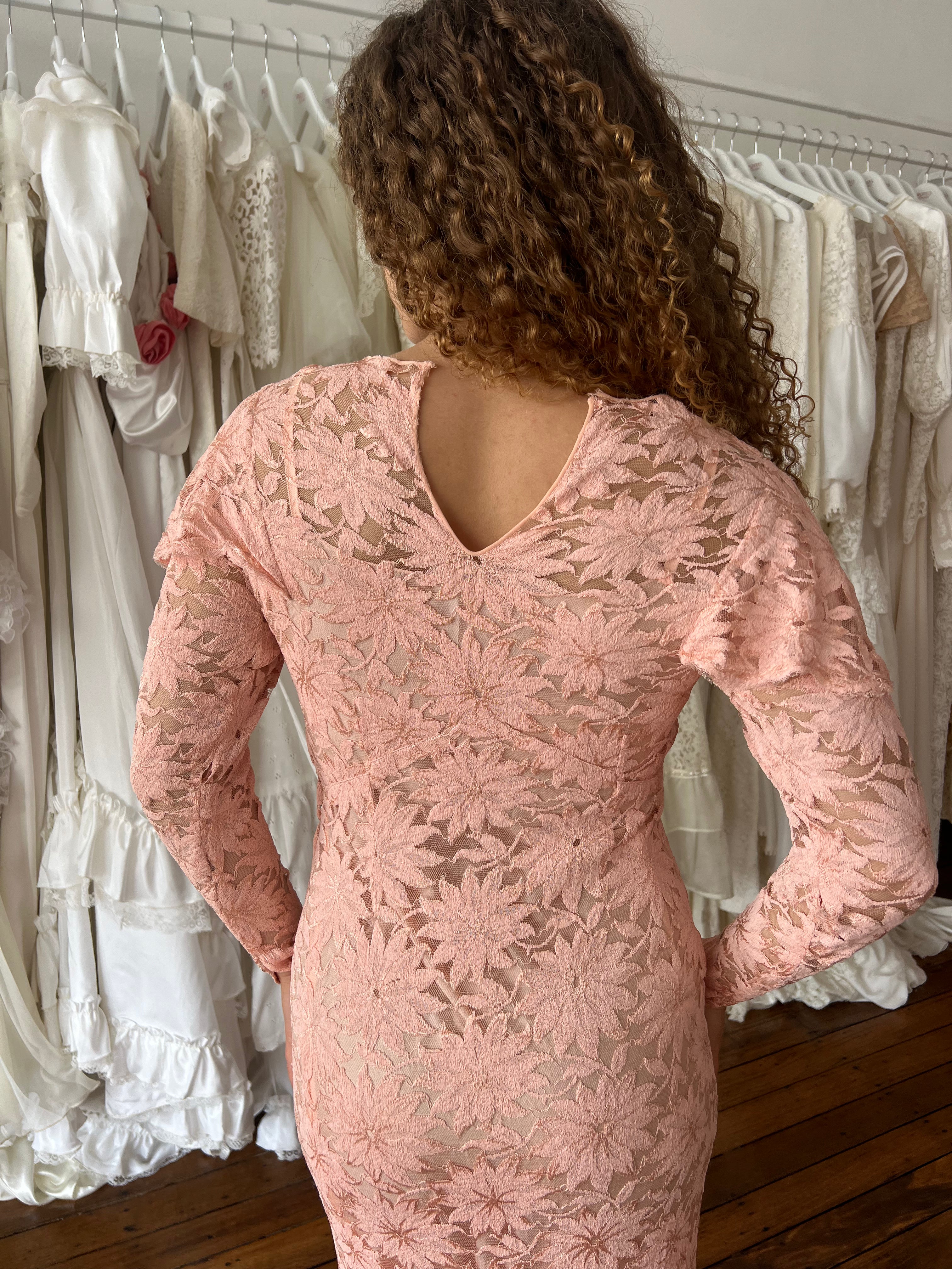 40s Pink Lace Long Sleeve Dress with slip