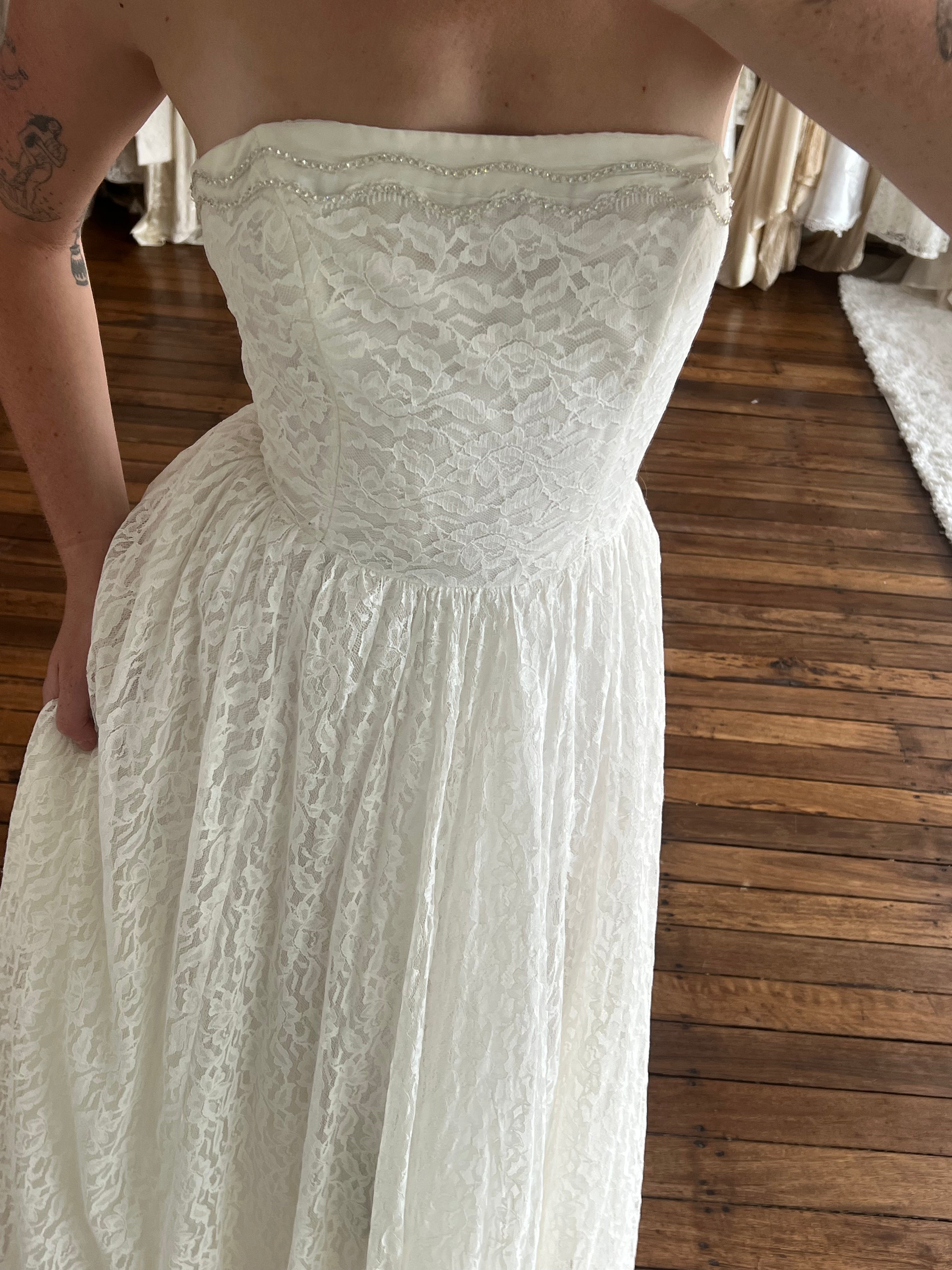 50s Strapless Chantilly Lace Dress