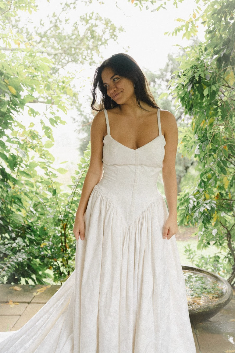 1970s Embossed Satin Basque Waist Dress