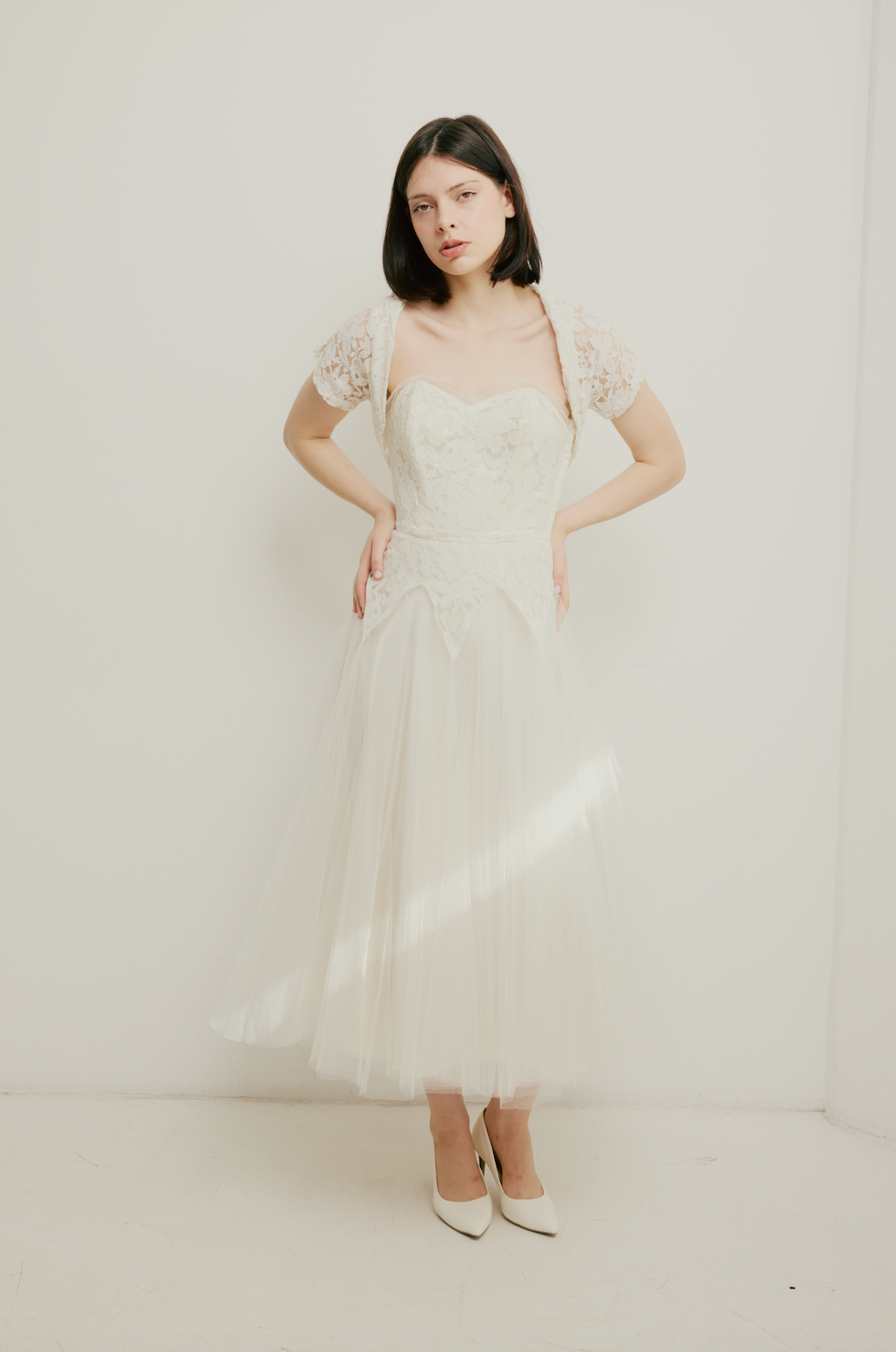 50s Strapless Lace and Tulle Dress with Bolero