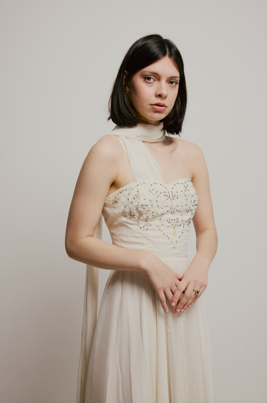 50s Beaded Silk Chiffon Strapless Dress with Neck Scarf