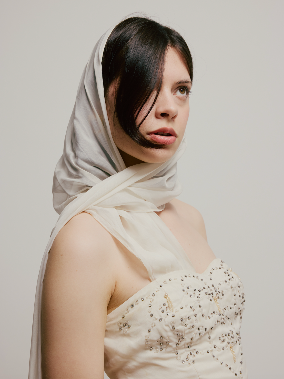 50s Beaded Silk Chiffon Strapless Dress with Neck Scarf