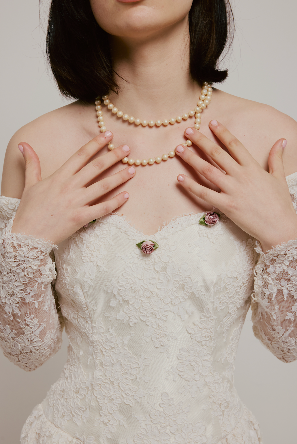70s Lace and Satin Basque Waist Dress