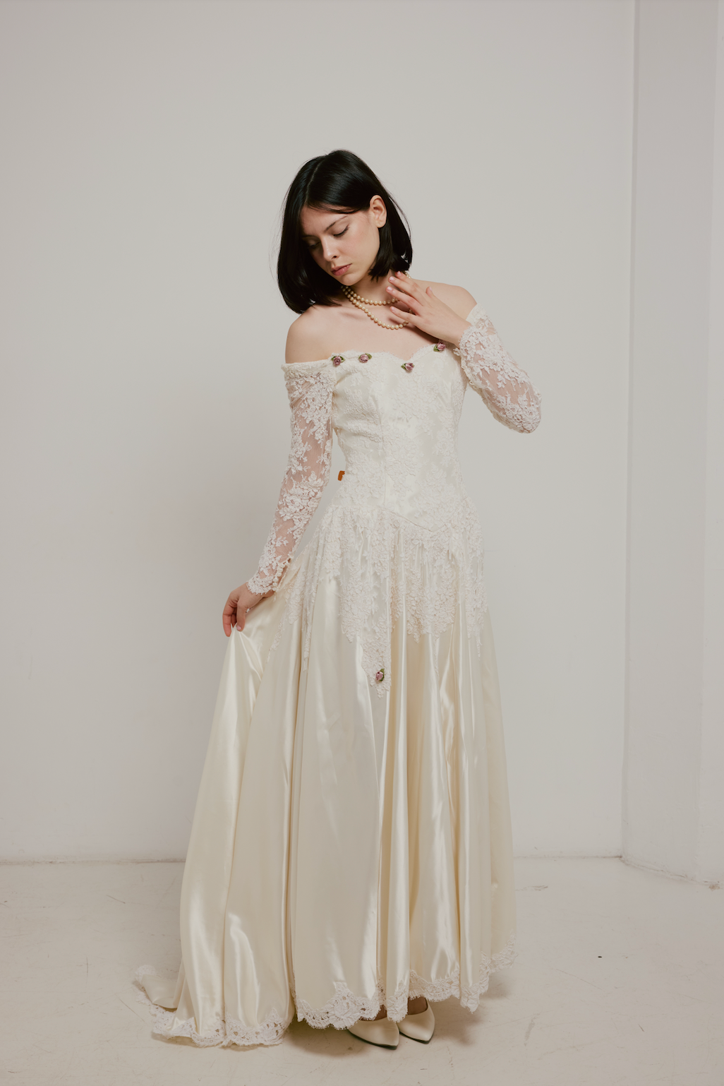 70s Lace and Satin Basque Waist Dress