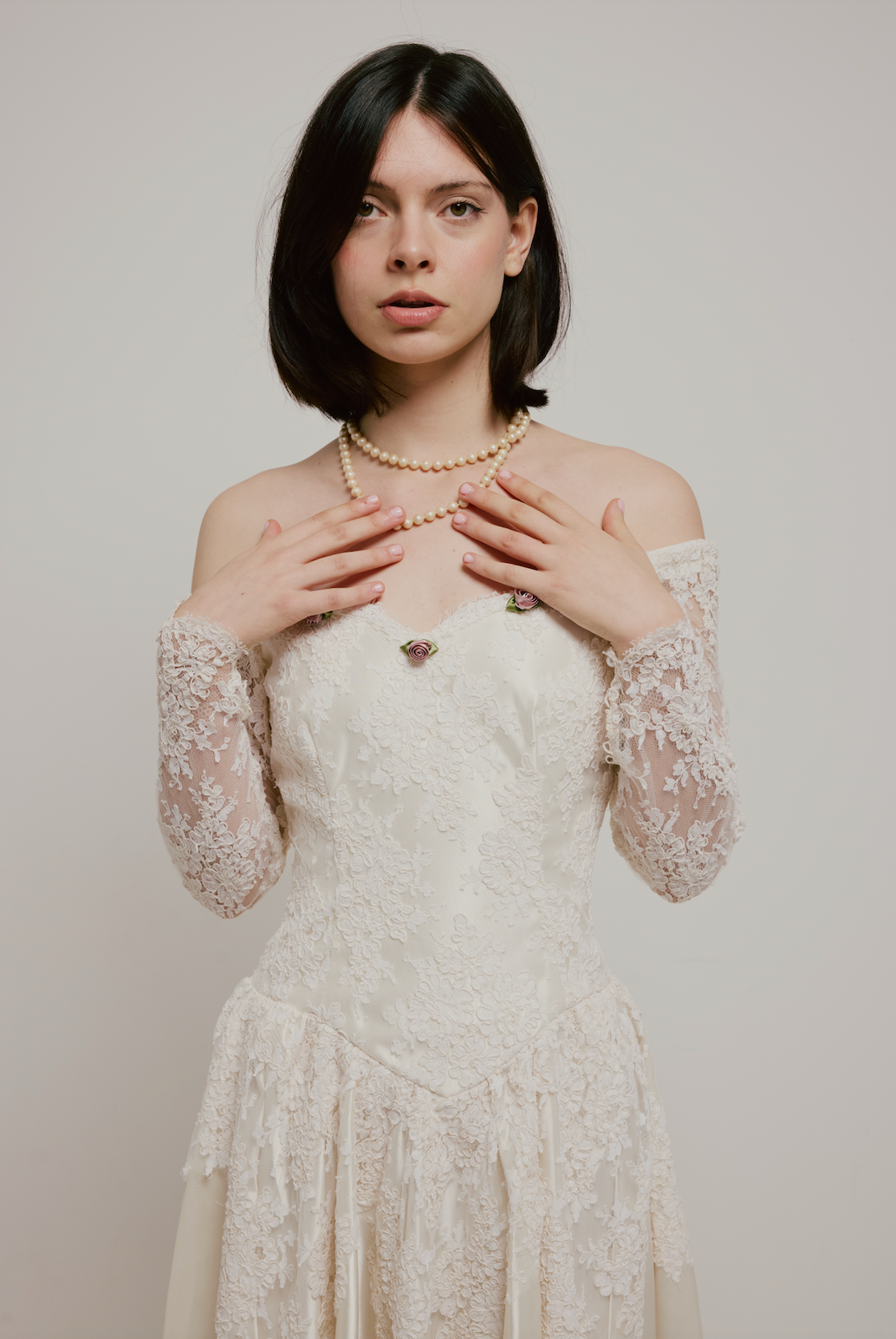 70s Lace and Satin Basque Waist Dress